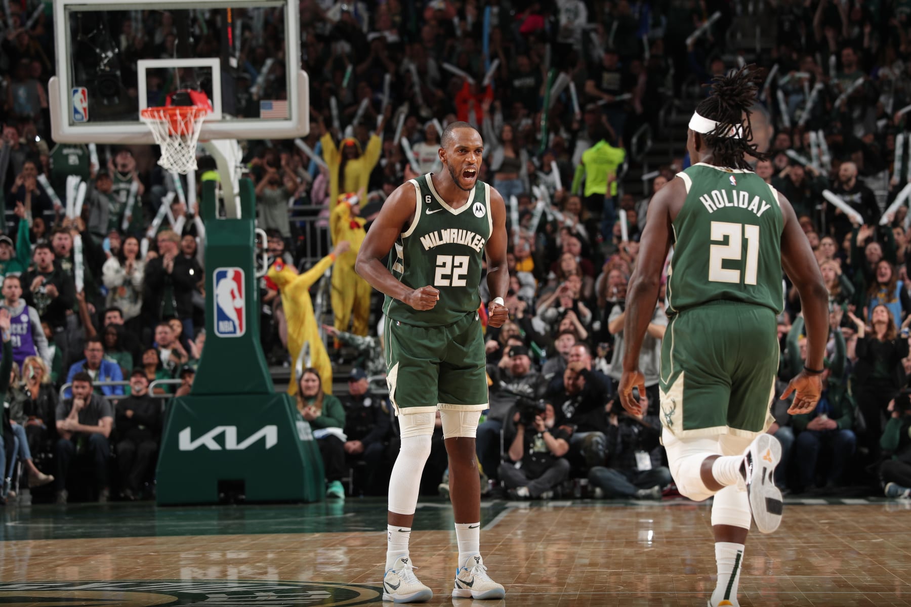 MILWAUKEE, WI - APRIL 26: Khris Middleton #22 of the Milwaukee Bucks celebrates a play during Round One Game Five of the 2023 NBA Playoffs on April 26, 2023 at the Fiserv Forum Center in Milwaukee, Wisconsin. NOTE TO USER: User expressly acknowledges and agrees that, by downloading and or using this Photograph, user is consenting to the terms and conditions of the Getty Images License Agreement. Mandatory Copyright Notice: Copyright 2023 NBAE (Photo by Gary Dineen/NBAE via Getty Images).