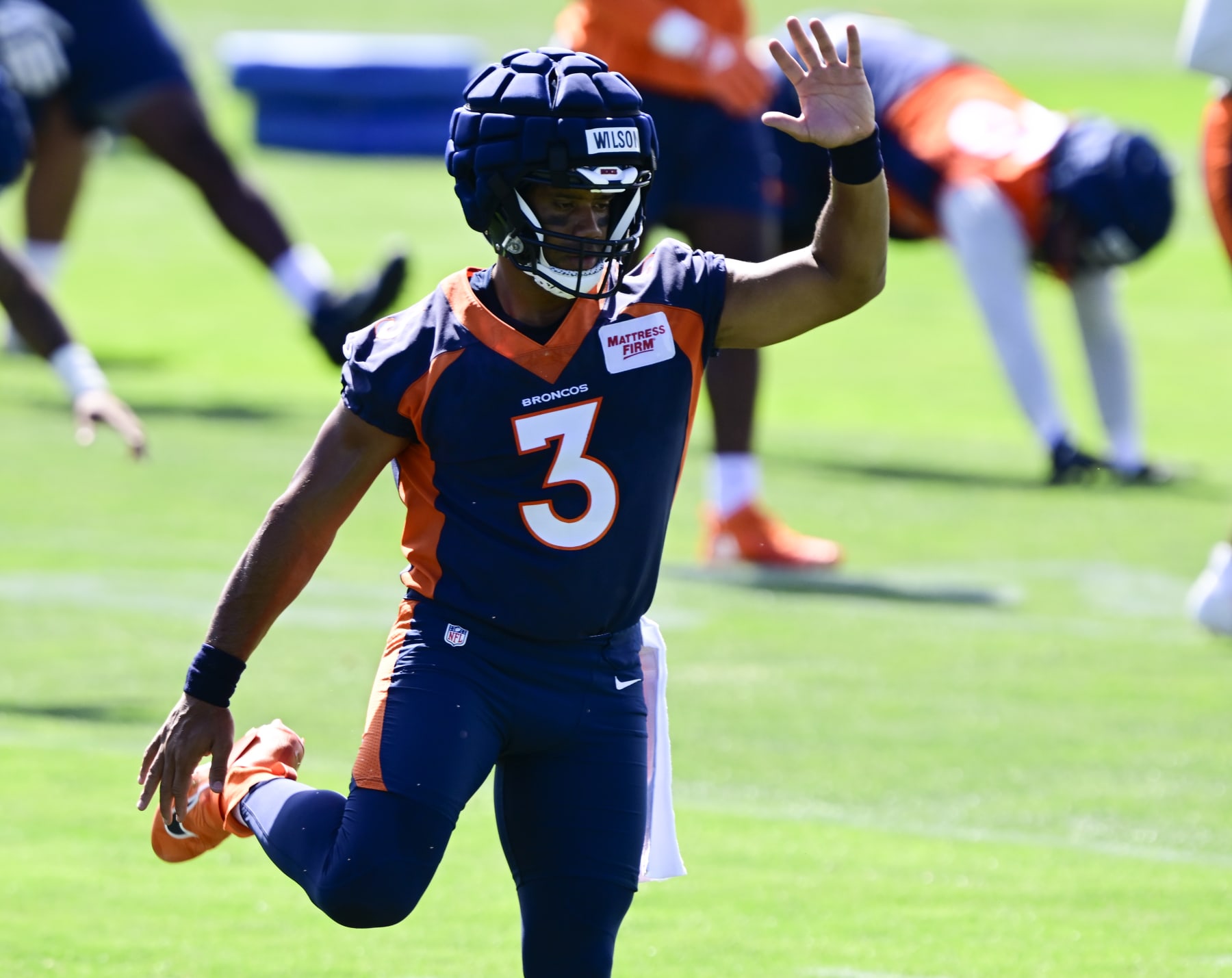 ENGLEWOOD, CO - JULY 27: Russell Wilson (3) of the Denver Broncos stretches during training camp at Centura Health Training Center July 27, 2023. (Photo by Andy Cross/MediaNews Group/The Denver Post via Getty Images) ENGLEWOOD, CO - JULY 27: Russell Wilson (3) of the Denver Broncos stretches during training camp at Centura Health Training Center July 27, 2023. (Photo by Andy Cross/MediaNews Group/The Denver Post via Getty Images)