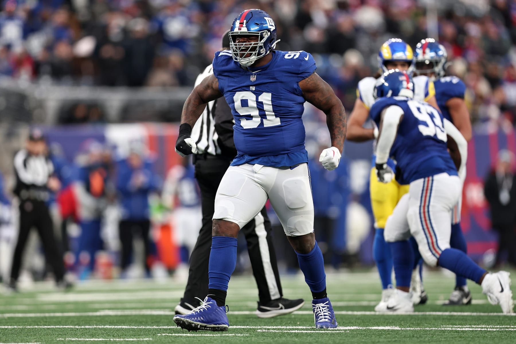 EAST RUTHERFORD, NEW JERSEY - DECEMBER 31: A'Shawn Robinson #91 of the New York Giants reacts after a play during the second half against the Los Angeles Rams at MetLife Stadium on December 31, 2023 in East Rutherford, New Jersey. (Photo by Dustin Satloff/Getty Images) EAST RUTHERFORD, NEW JERSEY - DECEMBER 31: A'Shawn Robinson #91 of the New York Giants reacts after a play during the second half against the Los Angeles Rams at MetLife Stadium on December 31, 2023 in East Rutherford, New Jersey. (Photo by Dustin Satloff/Getty Images)