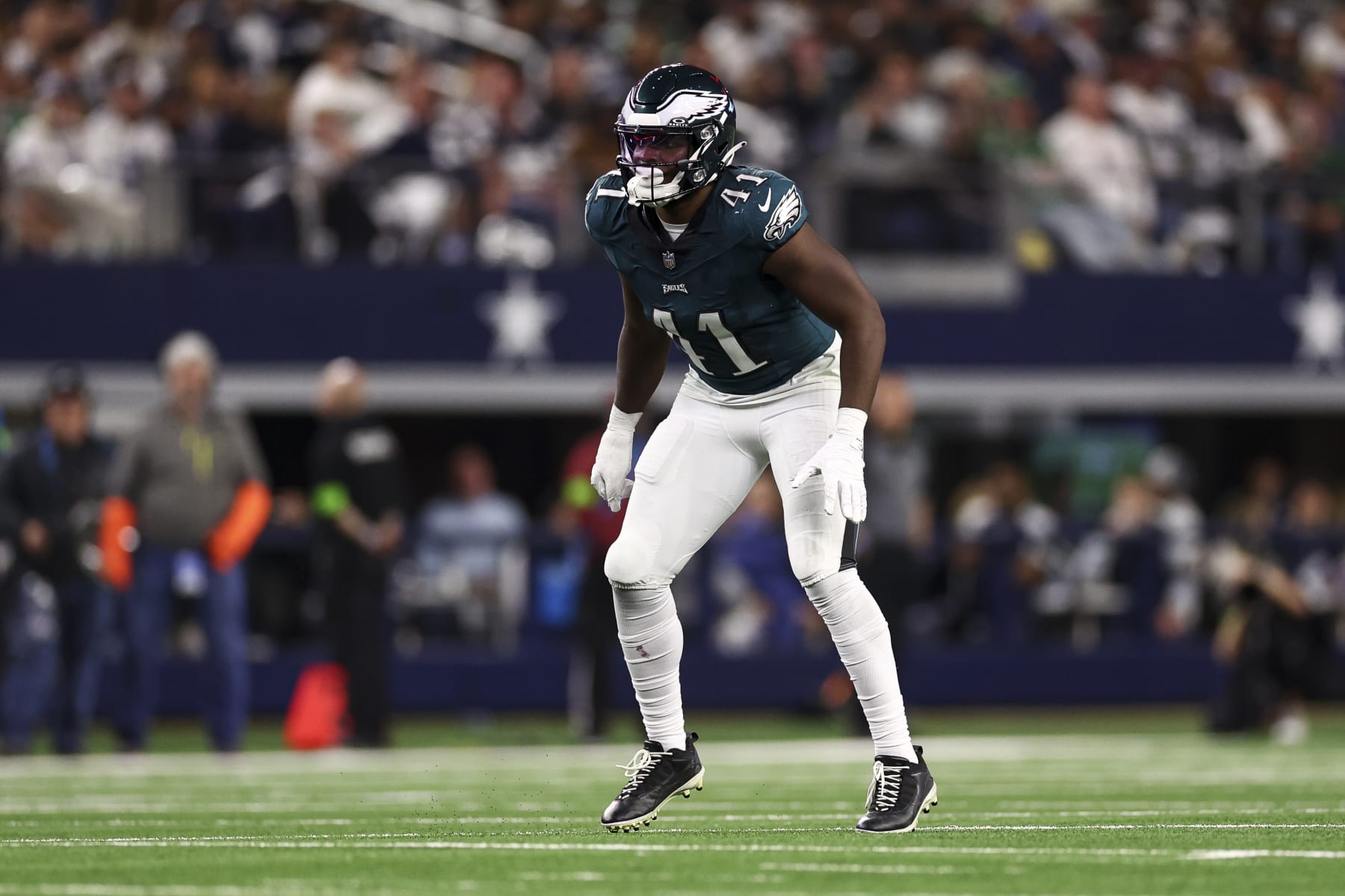 ARLINGTON, TX - DECEMBER 10: Nicholas Morrow #41 of the Philadelphia Eagles defends in pass coverage during an NFL football game against the Dallas Cowboys at AT&T Stadium on December 10, 2023 in Arlington, Texas. (Photo by Kevin Sabitus/Getty Images) ARLINGTON, TX - DECEMBER 10: Nicholas Morrow #41 of the Philadelphia Eagles defends in pass coverage during an NFL football game against the Dallas Cowboys at AT&T Stadium on December 10, 2023 in Arlington, Texas. (Photo by Kevin Sabitus/Getty Images)