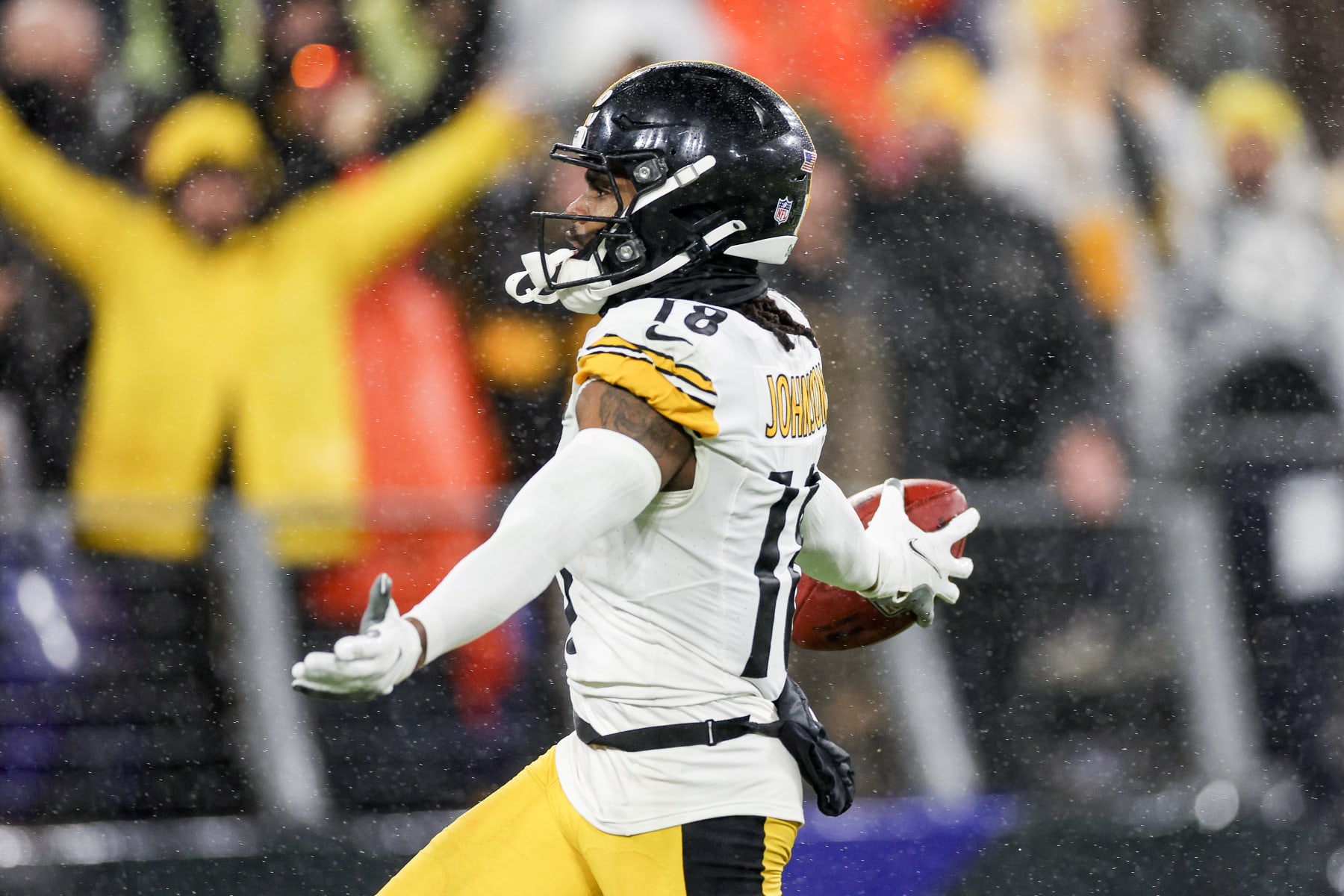 BALTIMORE, MARYLAND - JANUARY 06: Diontae Johnson #18 of the Pittsburgh Steelers reacts after scoring a touchdown in the fourth quarter of a game against the Baltimore Ravens at M&T Bank Stadium on January 06, 2024 in Baltimore, Maryland. (Photo by Patrick Smith/Getty Images) BALTIMORE, MARYLAND - JANUARY 06: Diontae Johnson #18 of the Pittsburgh Steelers reacts after scoring a touchdown in the fourth quarter of a game against the Baltimore Ravens at M&T Bank Stadium on January 06, 2024 in Baltimore, Maryland. (Photo by Patrick Smith/Getty Images)