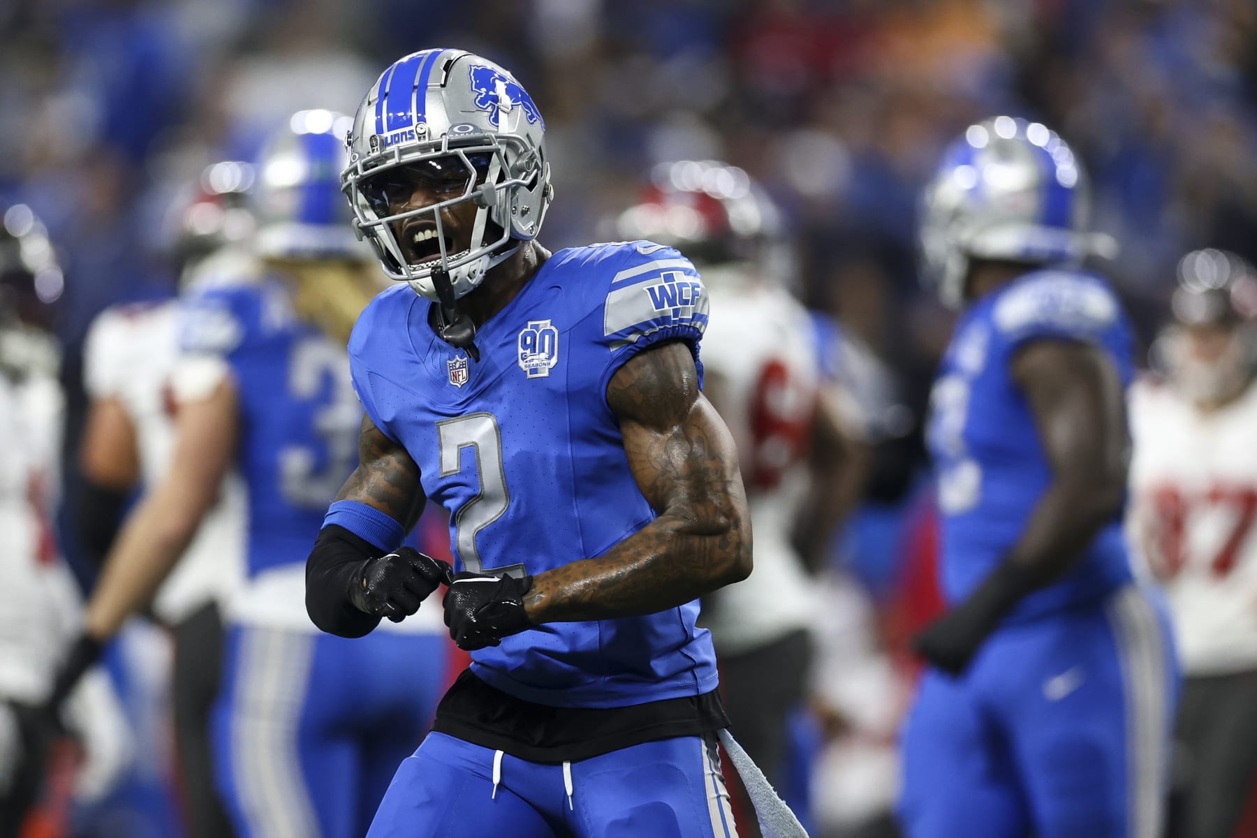 DETROIT, MI - JANUARY 21: C.J. Gardner-Johnson #2 of the Detroit Lions celebrates after a play during the second quarter of an NFL divisional round playoff football game against the Tampa Bay Buccaneers at Ford Field on January 21, 2024 in Detroit, Michigan. (Photo by Kevin Sabitus/Getty Images) DETROIT, MI - JANUARY 21: C.J. Gardner-Johnson #2 of the Detroit Lions celebrates after a play during the second quarter of an NFL divisional round playoff football game against the Tampa Bay Buccaneers at Ford Field on January 21, 2024 in Detroit, Michigan. (Photo by Kevin Sabitus/Getty Images)