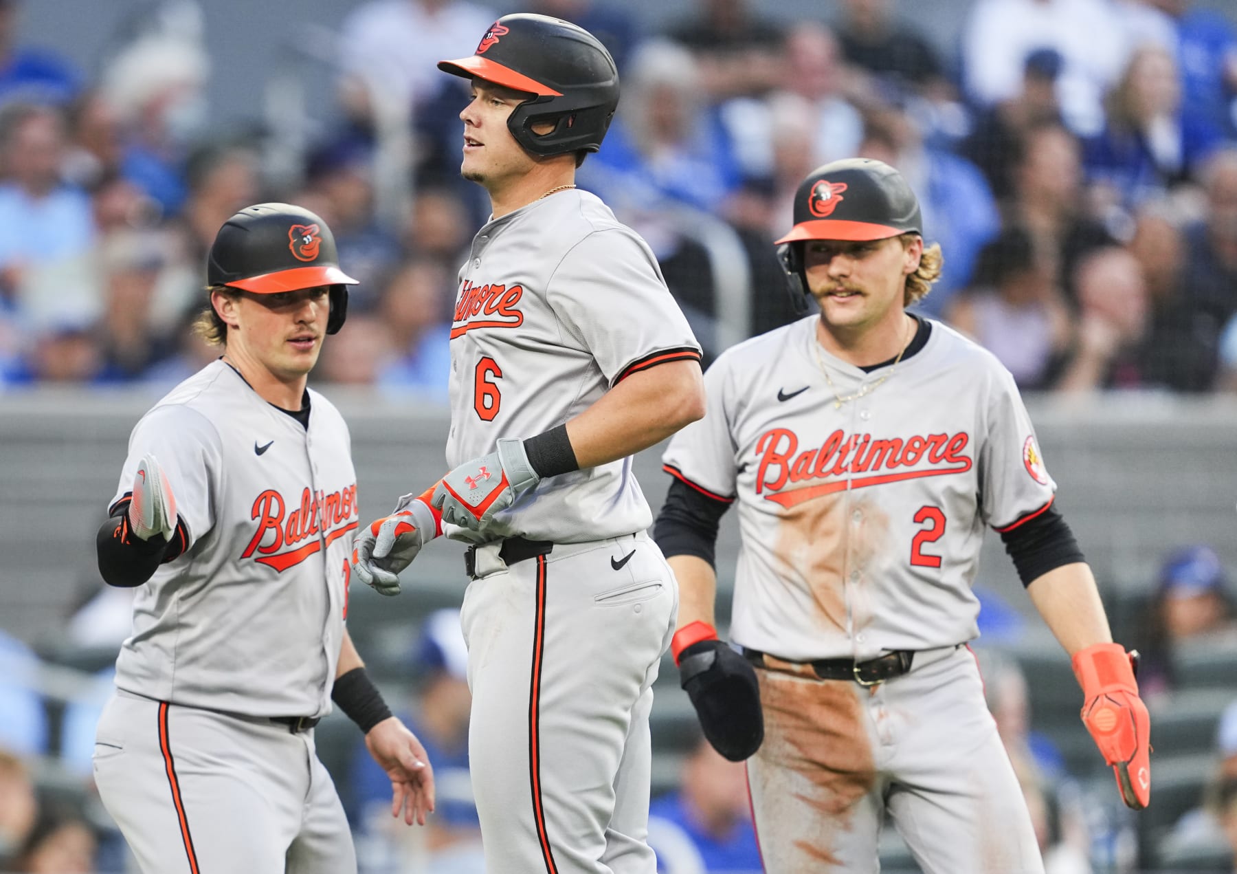 TORONTO, ON - JUNE 4: Ryan Mountcastle #6 of the Baltimore Orioles celebrates his three run home run with Gunnar Henderson #2 and Adley Rutschman #35 against the Toronto Blue Jays during the third inning in their MLB game at the Rogers Centre on June 4, 2024 in Toronto, Ontario, Canada. (Photo by Mark Blinch/Getty Images)