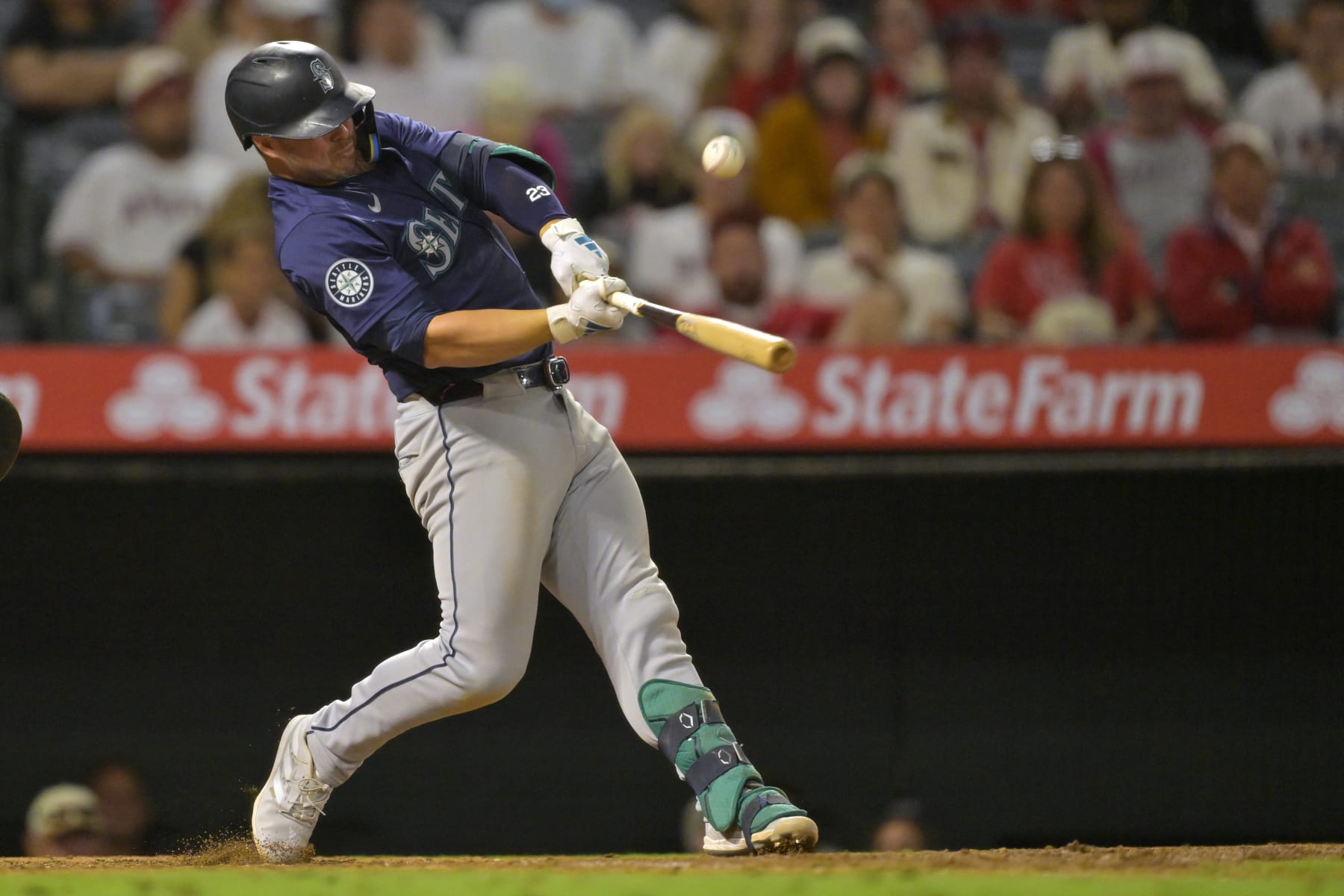 ANAHEIM, CALIFORNIA - JULY 12: Ty France #23 of the Seattle Mariners at bat against the Los Angeles Angels at Angel Stadium of Anaheim on July 12, 2024 in Anaheim, California. (Photo by Jayne Kamin-Oncea/Getty Images)