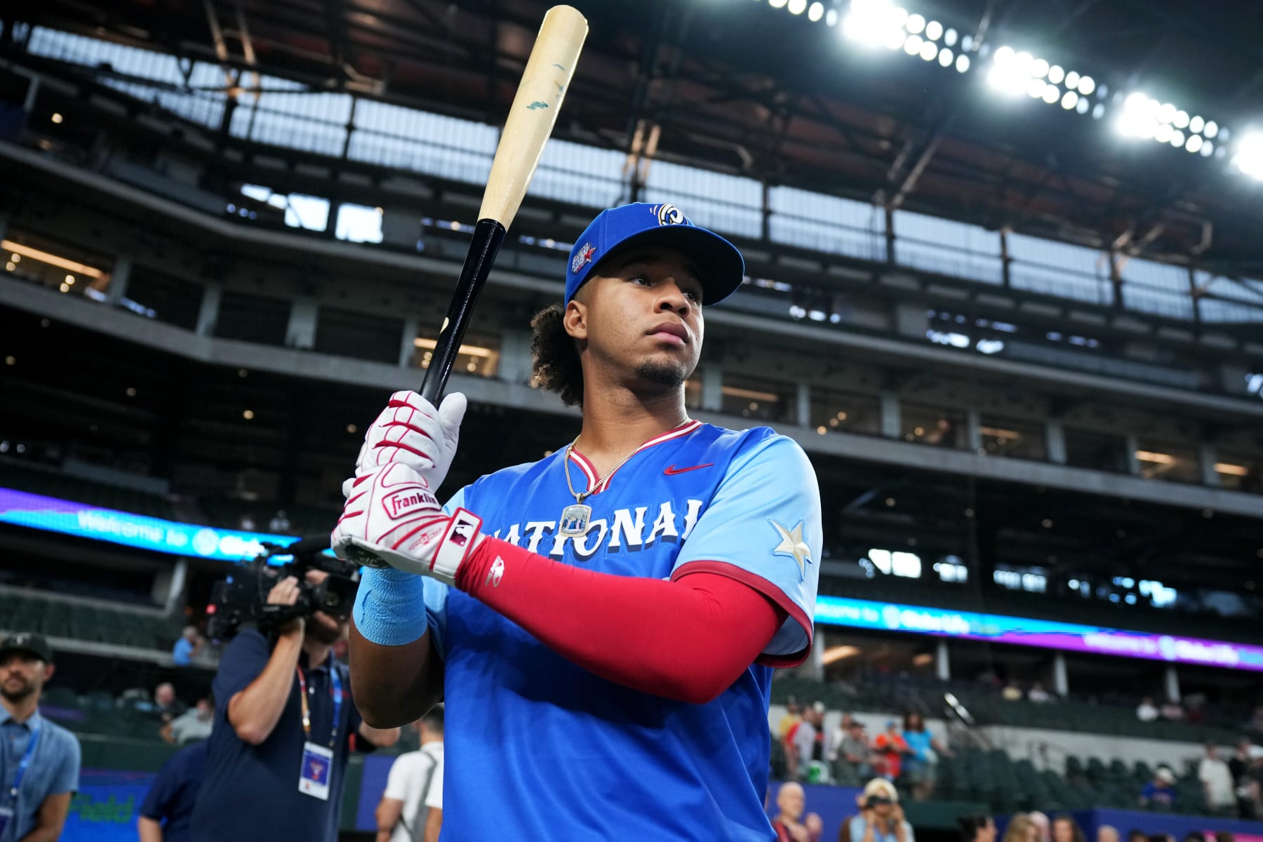 ARLINGTON, TX - JULY 13: Jeral Perez #23 of the Los Angeles Dodgers looks on during batting practice prior to the 2024 All-Star Futures Game at Globe Life Field on Saturday, July 13, 2024 in Arlington, Texas. (Photo by Sam Hodde/MLB Photos via Getty Images)