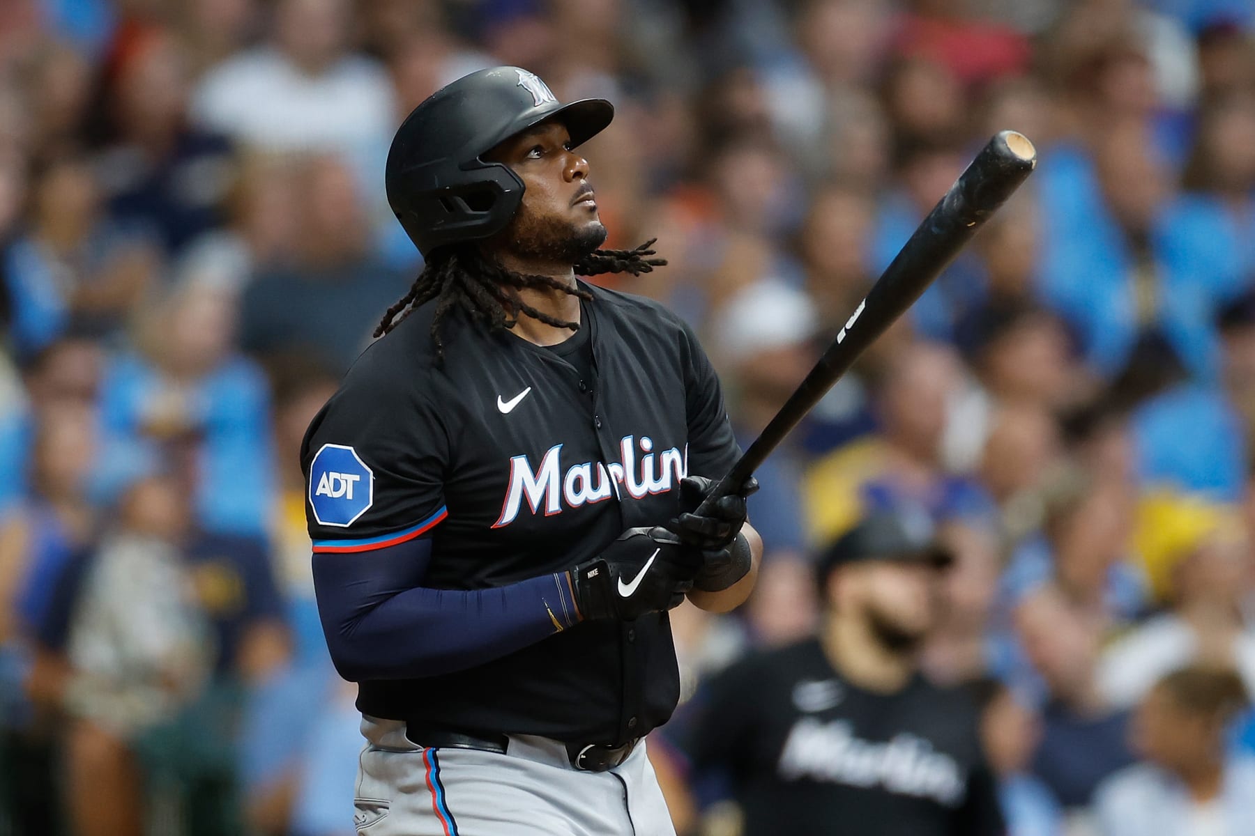 MILWAUKEE, WISCONSIN - JULY 27: Josh Bell #9 of the Miami Marlins hits a three run homer in the seventh inning against the Milwaukee Brewers at American Family Field on July 27, 2024 in Milwaukee, Wisconsin. (Photo by John Fisher/Getty Images)