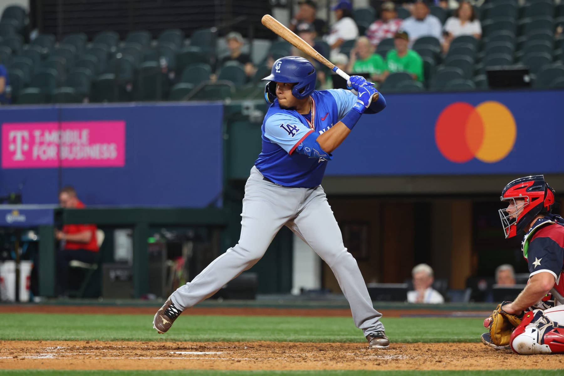ARLINGTON, TEXAS - JULY 13: Thayron Liranzo #24 of the Los Angeles Dodgers awaits a pitch during the fifth inning of the All-Star Futures Game at Globe Life Field on July 13, 2024 in Arlington, Texas.  (Photo by Richard Rodriguez/Getty Images)