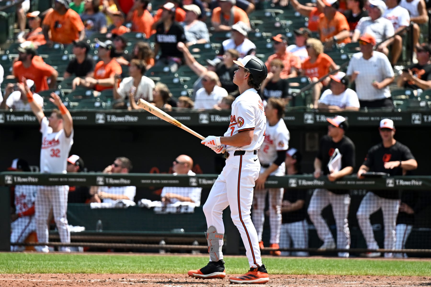 BALTIMORE, MARYLAND - JULY 31, 2024: Jackson Holliday #7 of the Baltimore Orioles watches his grand slam home run for his first career home run during the fifth inning against the Toronto Blue Jays at Oriole Park at Camden Yards on July 31, 2024 in Baltimore, Maryland. (Photo by Chris Bernacchi/Diamond Images via Getty Images)