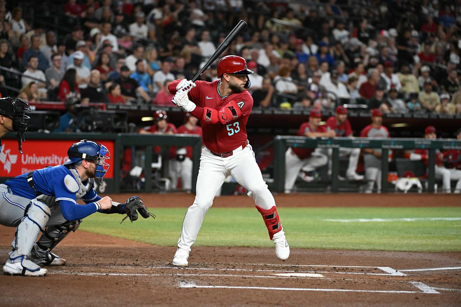 PHOENIX, ARIZONA - JULY 14: Christian Walker #53 of the Arizona Diamondbacks gets ready in the batters box against the Toronto Blue Jays at Chase Field on July 14, 2024 in Phoenix, Arizona. (Photo by Norm Hall/Getty Images)