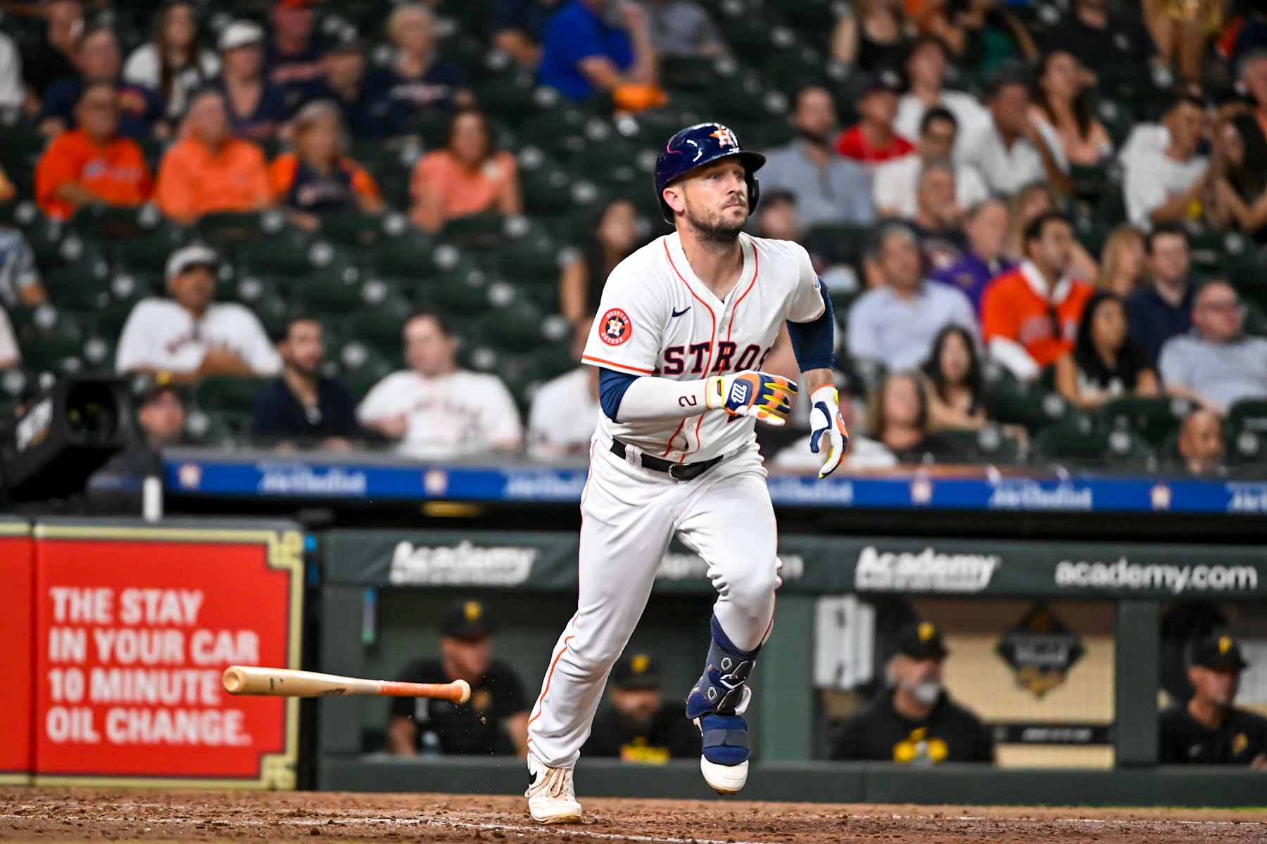 HOUSTON, TEXAS - JULY 30: Alex Bregman #2 of the Houston Astros bats against the Pittsburgh Pirates at Minute Maid Park on July 30, 2024 in Houston, Texas. (Photo by Logan Riely/Getty Images)