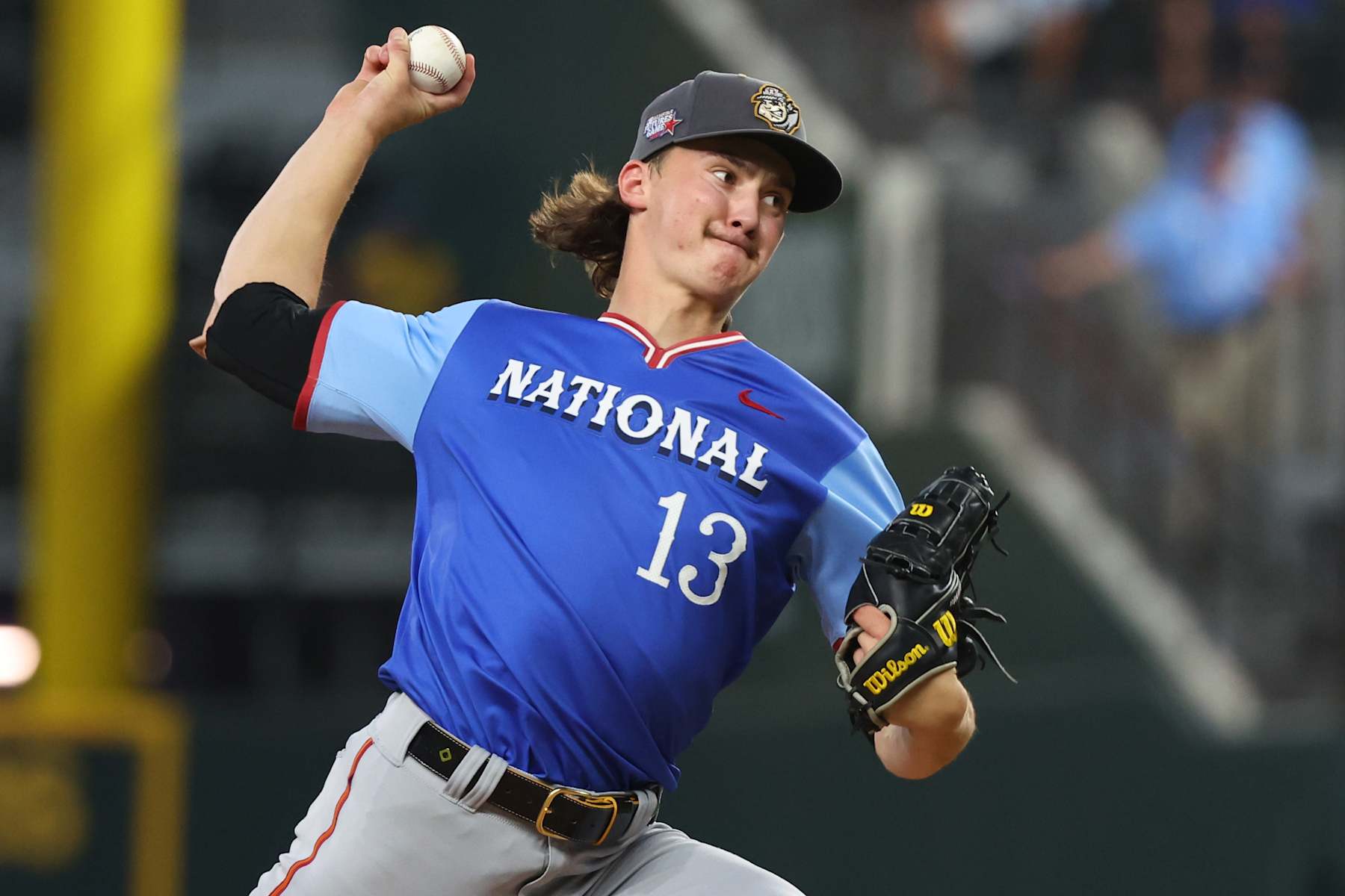 ARLINGTON, TEXAS - JULY 13: Bubba Chandler #13 of the Pittsburgh Pirates pitches during the seventh inning of the All-Star Futures Game at Globe Life Field on July 13, 2024 in Arlington, Texas.  (Photo by Richard Rodriguez/Getty Images)