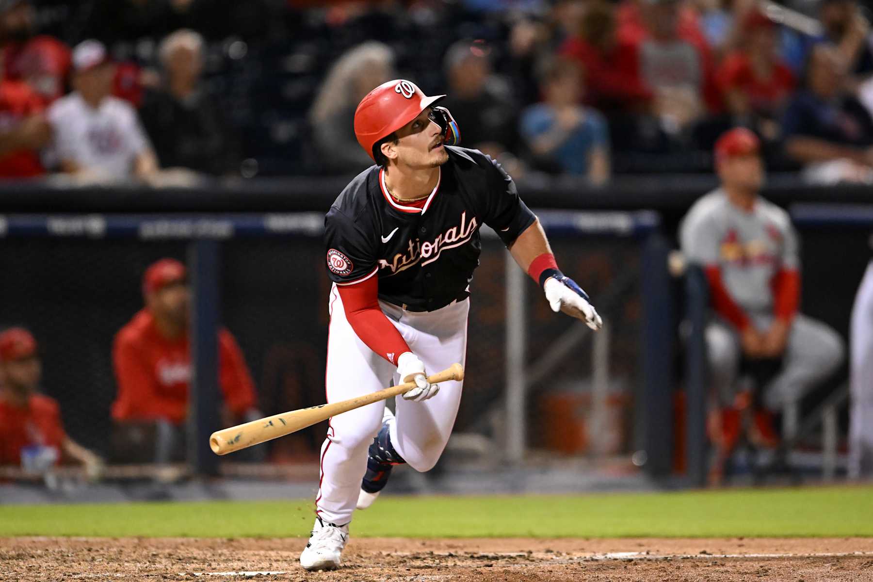 WEST PALM BEACH, FLORIDA - MARCH 20, 2024: Dylan Crews #3 of the Washington Nationals runs out a fly ball during the seventh inning of a spring training game against the St. Louis Cardinals at CACTI Park of the Palm Beaches on March 20, 2024 in West Palm Beach, Florida. (Photo by Nick Cammett/Diamond Images via Getty Images)