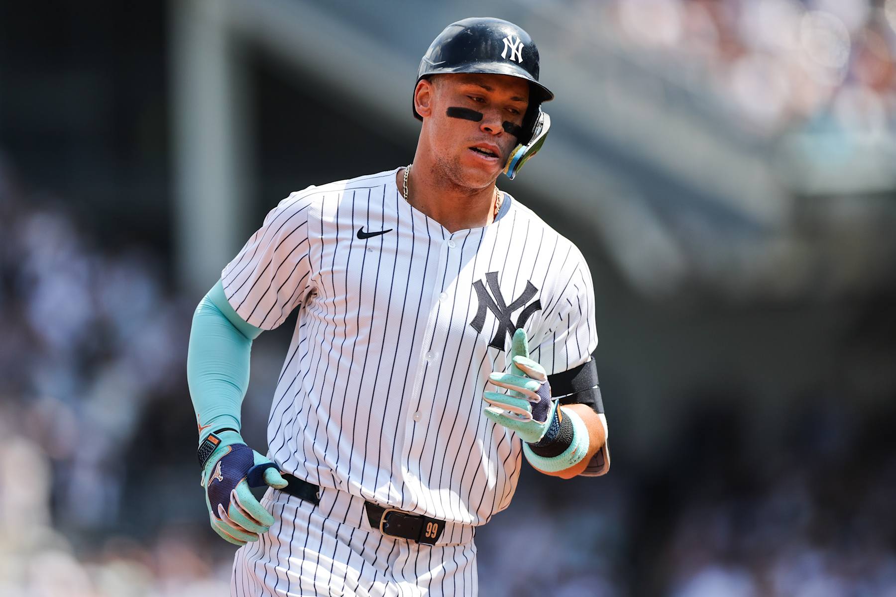 BRONX, NY - AUGUST 25: New York Yankees outfielder Aaron Judge (99) hits his 50th home run of the year during a Major League Baseball game between the Colorado Rockies and New York Yankees on August 25, 2024 at Yankee Stadium in the Bronx, New York.