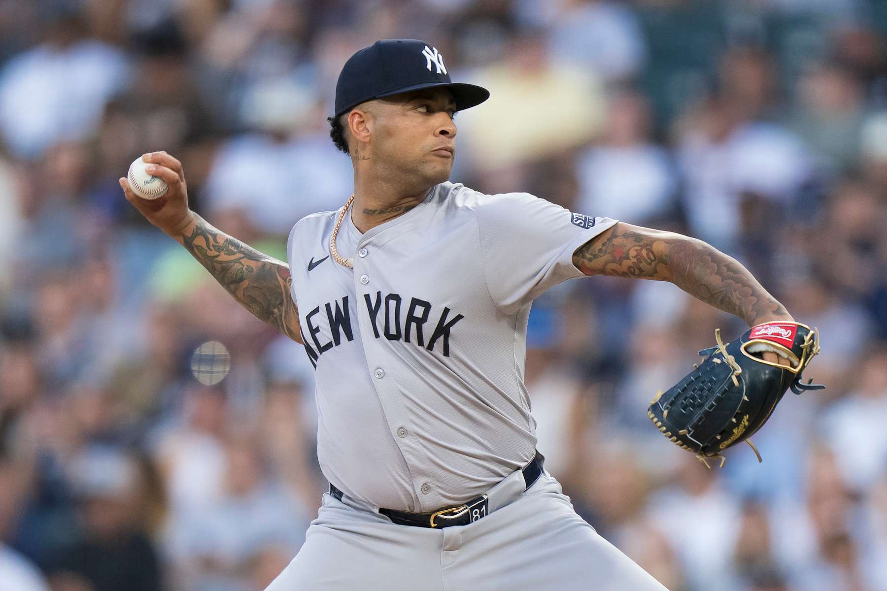 CHICAGO, ILLINOIS - AUGUST 12: Luis Gil of the New York Yankees pitches in a game against the Chicago White Sox at Guaranteed Rate Field on August 12, 2024 in Chicago, Illinois. (Photo by Matt Dirksen/Getty Images)