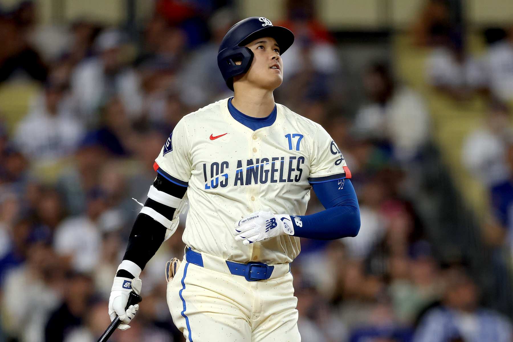 LOS ANGELES, CALIFORNIA - AUGUST 24: Shohei Ohtani #17 of the Los Angeles Dodgers watches after hitting a two run home run during the fifth inning against the Tampa Bay Rays at Dodger Stadium on August 24, 2024 in Los Angeles, California. (Photo by Katelyn Mulcahy/Getty Images)