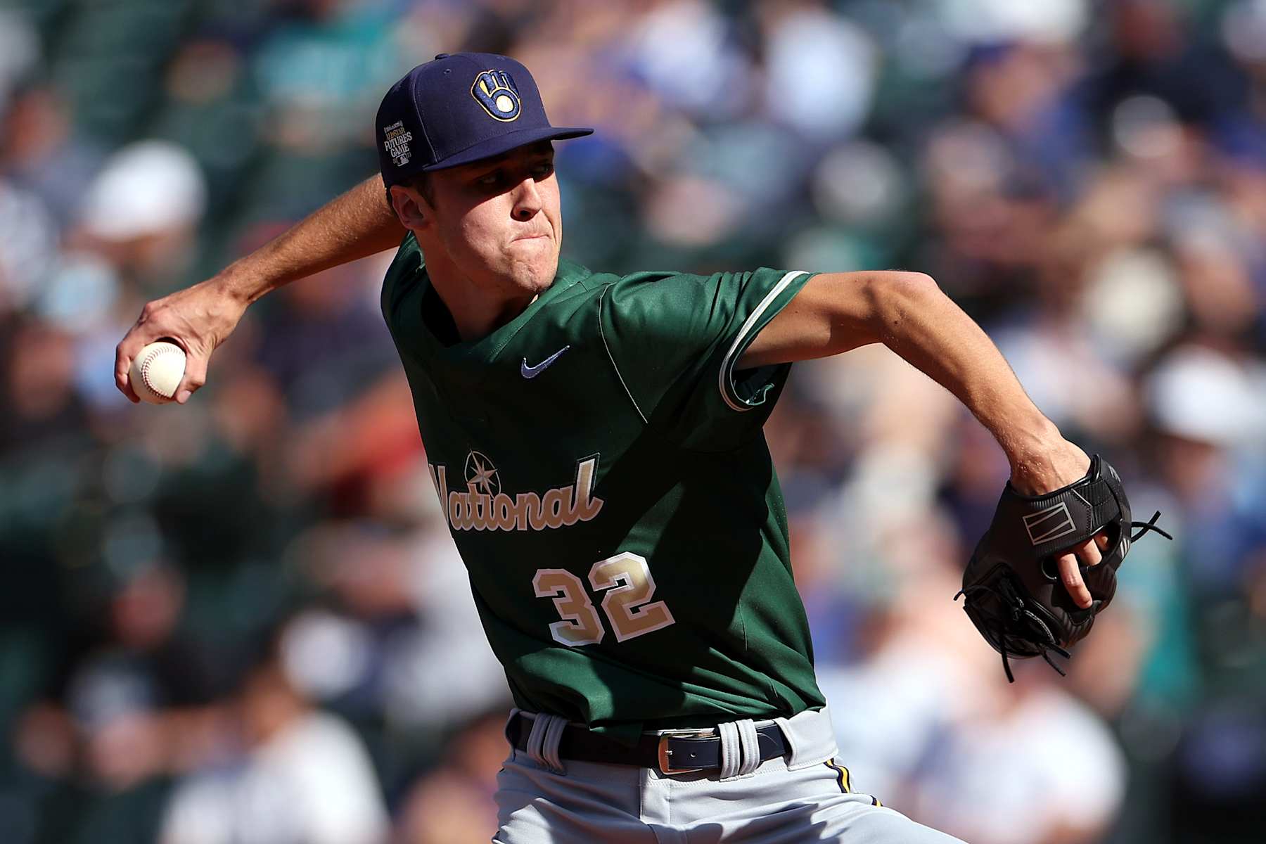 SEATTLE, WASHINGTON - JULY 08: Jacob Misiorowski #32 of the Milwaukee Brewers pitches during the SiriusXM All-Star Futures Game at T-Mobile Park on July 08, 2023 in Seattle, Washington. (Photo by Steph Chambers/Getty Images)