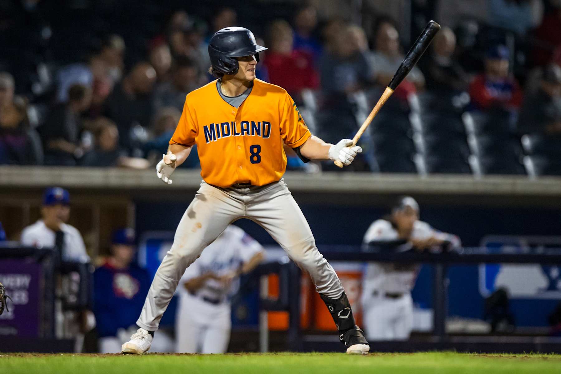 AMARILLO, TEXAS - MAY 03: Colby Thomas #8 of the Midland RockHounds bats during the game against the Amarillo Sod Poodles at HODGETOWN Stadium on May 03, 2024 in Amarillo, Texas. (Photo by John E. Moore III/Getty Images)