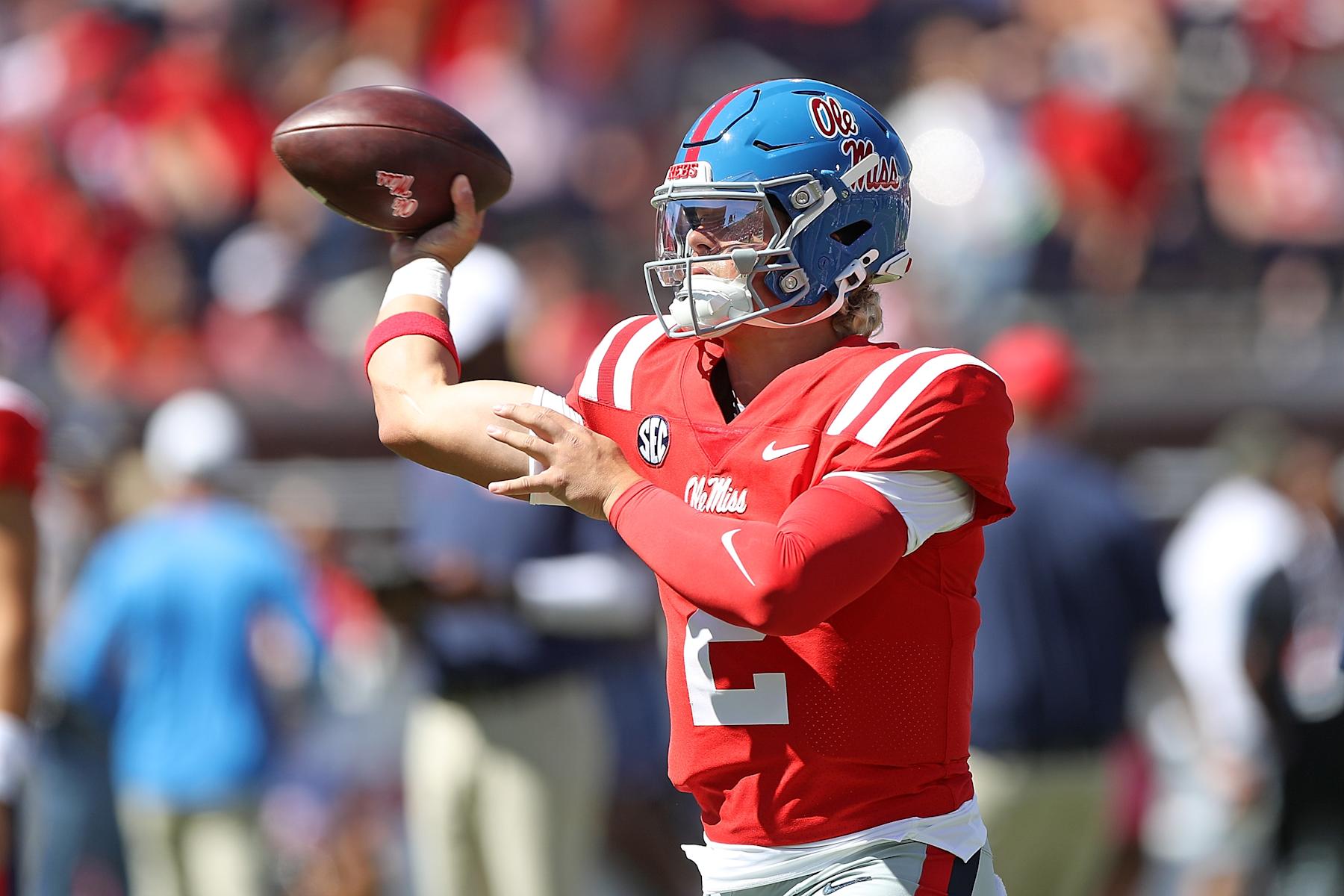 OXFORD, MISSISSIPPI - SEPTEMBER 07: Jaxson Dart #2 of the Mississippi Rebels warms up before the game against the Middle Tennessee Blue Raiders at Vaught-Hemingway Stadium on September 07, 2024 in Oxford, Mississippi. (Photo by Justin Ford/Getty Images)