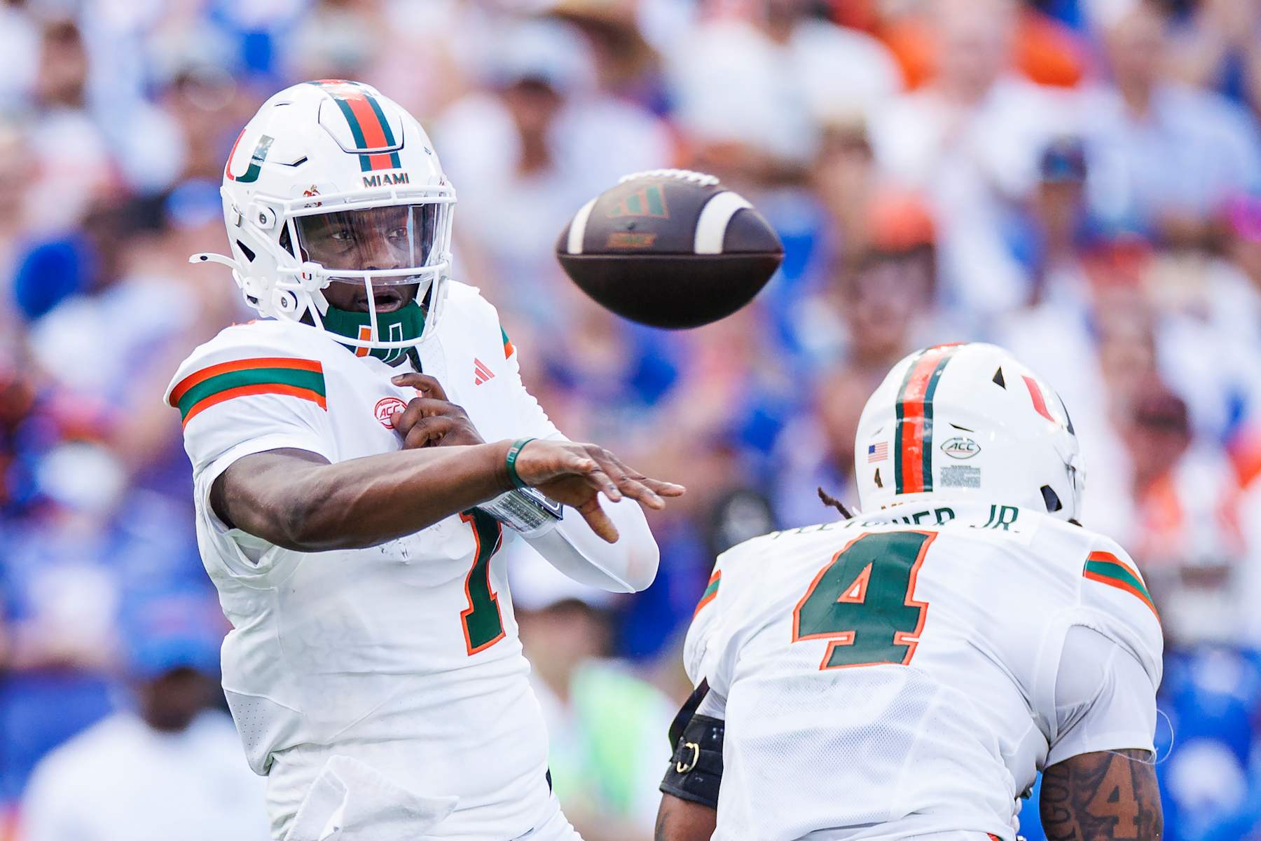 GAINESVILLE, FLORIDA - AUGUST 31: Cam Ward #1 of the Miami Hurricanes throws a pass during the second half of a game against the Florida Gators at Ben Hill Griffin Stadium on August 31, 2024 in Gainesville, Florida. (Photo by James Gilbert/Getty Images)