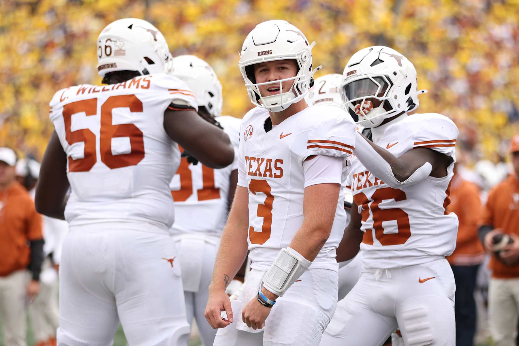 ANN ARBOR, MICHIGAN - SEPTEMBER 07: Quinn Ewers #3 of the Texas Longhorns celebrates after throwing a touchdown pass during the second quarter against the Michigan Wolverines at Michigan Stadium on September 07, 2024 in Ann Arbor, Michigan. (Photo by Gregory Shamus/Getty Images)