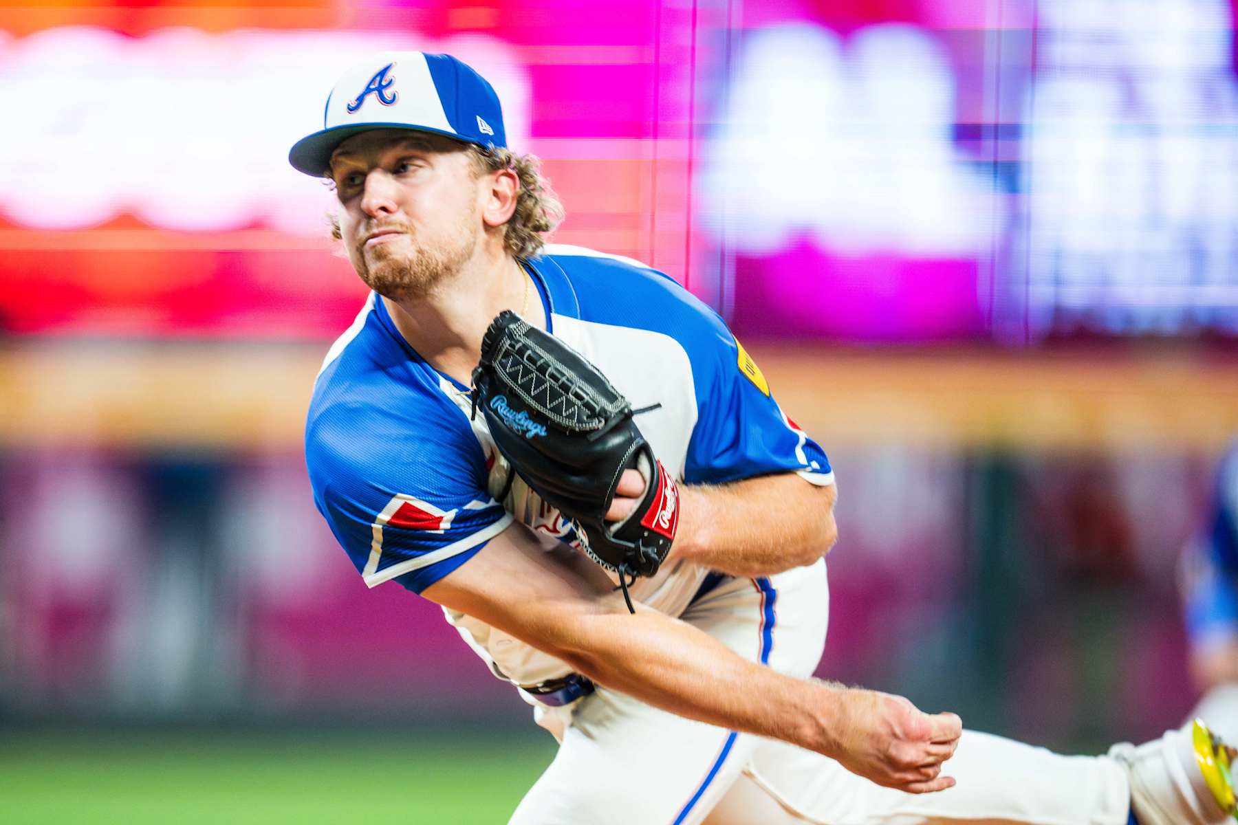 ATLANTA, GA - SEPTEMBER 07: Spencer Schwellenbach #56 of the Atlanta Braves pitches during the fourth inning against the Toronto Blue Jays at Truist Park on September 7 2024 in Atlanta, Georgia. (Photo by Kevin D. Liles/Atlanta Braves/Getty Images)