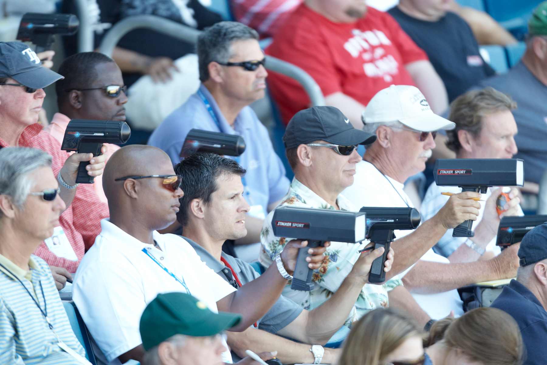 Baseball: View of scouts use radar guns from stands during spring training between Boston Red Sox and Detroit Tigers at City of Palms Park.Fort Myers, FL 3/18/2011CREDIT: Chuck Solomon (Photo by Chuck Solomon /Sports Illustrated via Getty Images)(Set Number: X85671 TK1 R1 F47 )