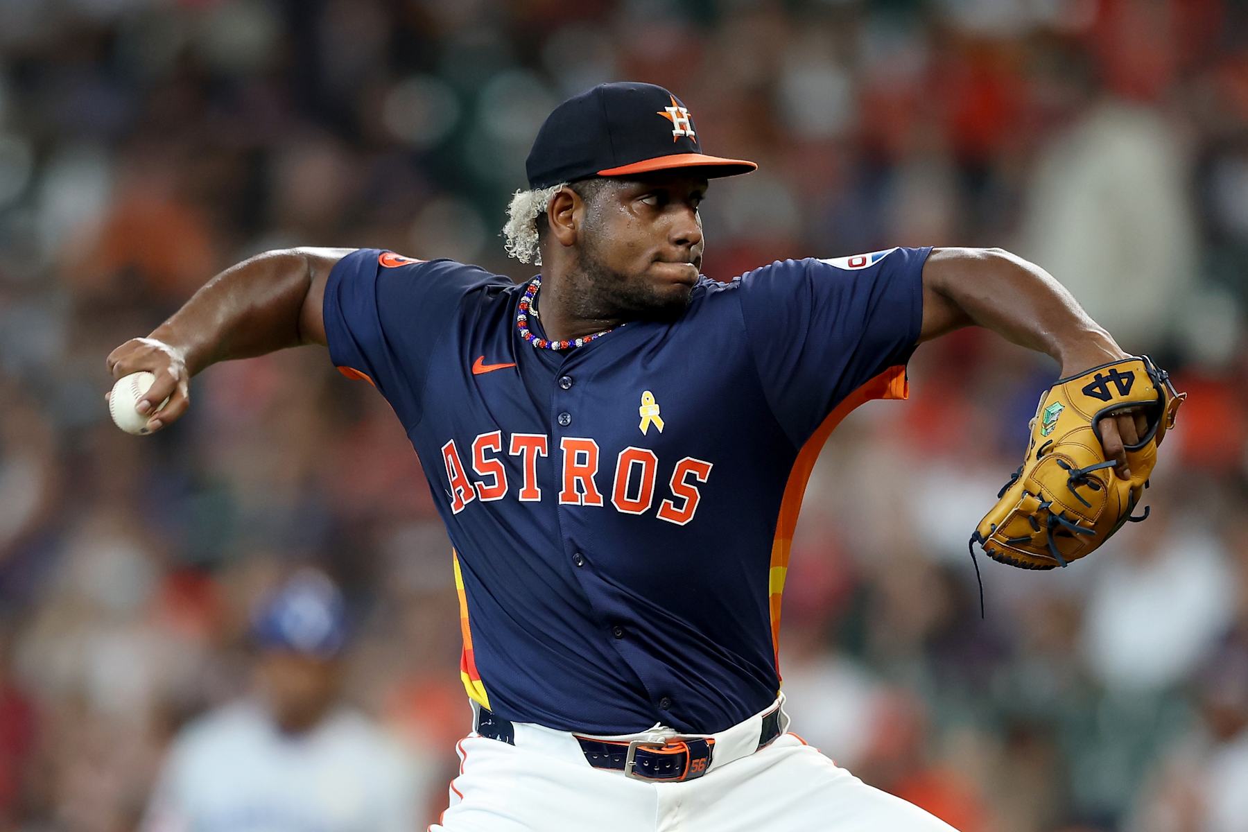 HOUSTON, TEXAS - SEPTEMBER 01: Ronel Blanco #56 of the Houston Astros pitches in the first inning against the Kansas City Royals at Minute Maid Park on September 01, 2024 in Houston, Texas. (Photo by Tim Warner/Getty Images)