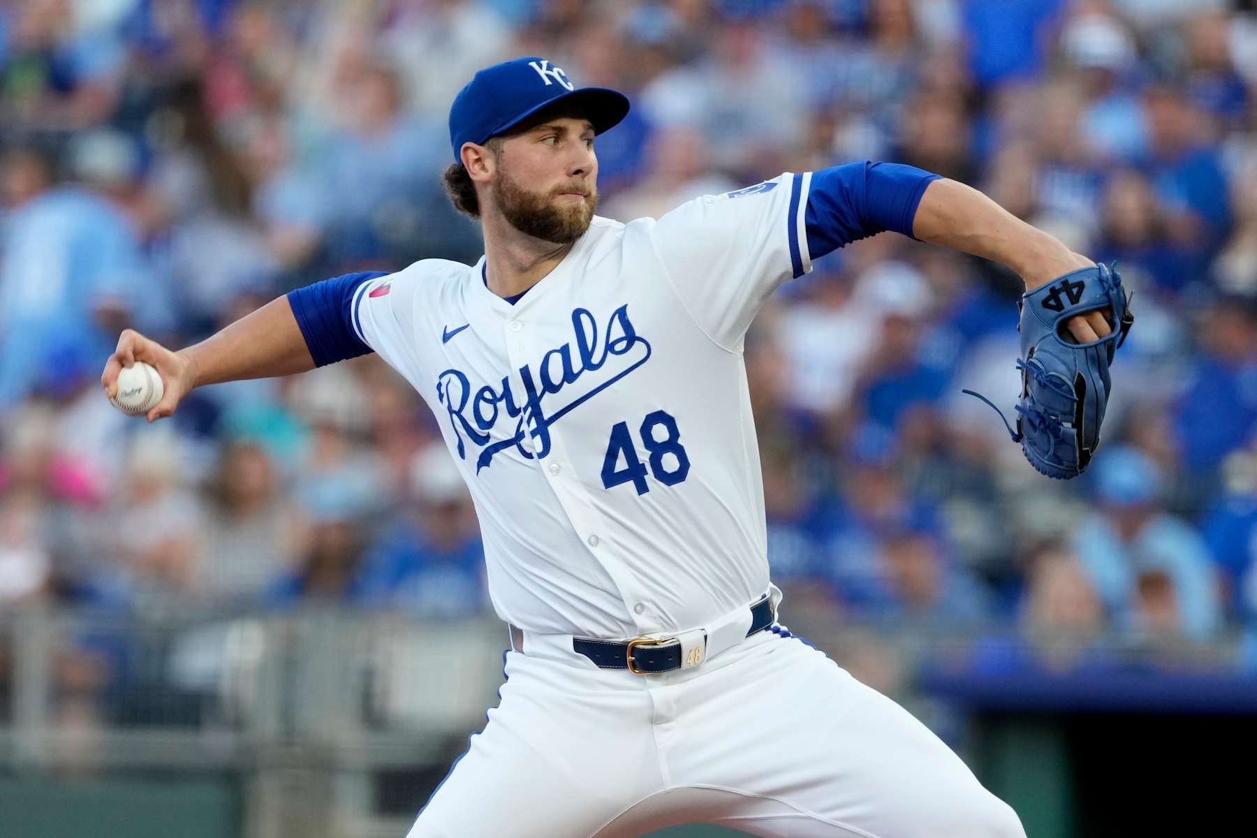 KANSAS CITY, MISSOURI - SEPTEMBER 07:  Alec Marsh #48 of the Kansas City Royals throws in the first inning against the Minnesota Twins at Kauffman Stadium on September 07, 2024 in Kansas City, Missouri. (Photo by Ed Zurga/Getty Images)