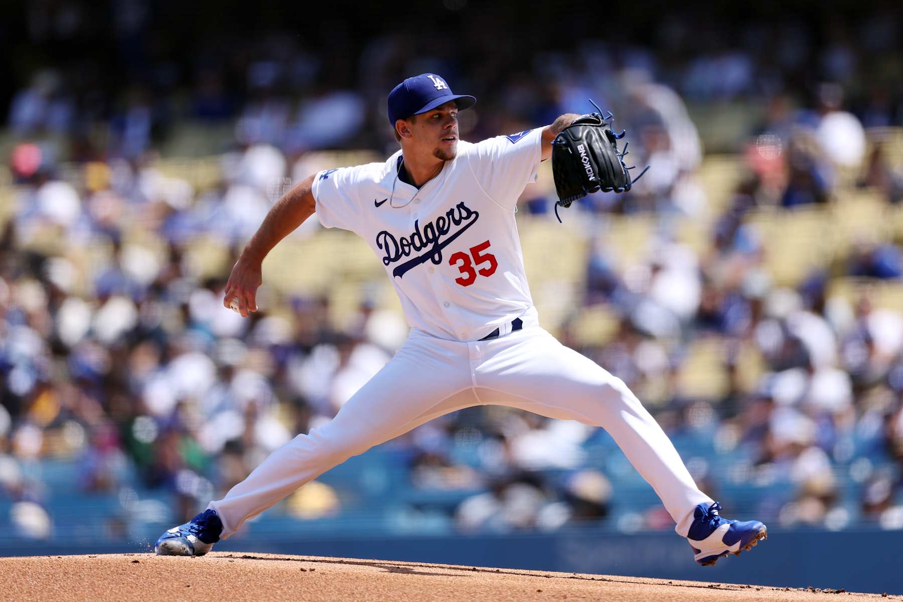 LOS ANGELES, CALIFORNIA - AUGUST 25: Gavin Stone #35 of the Los Angeles Dodgers throws a pitch during the first inning against the Tampa Bay Rays at Dodger Stadium on August 25, 2024 in Los Angeles, California. (Photo by Katelyn Mulcahy/Getty Images)