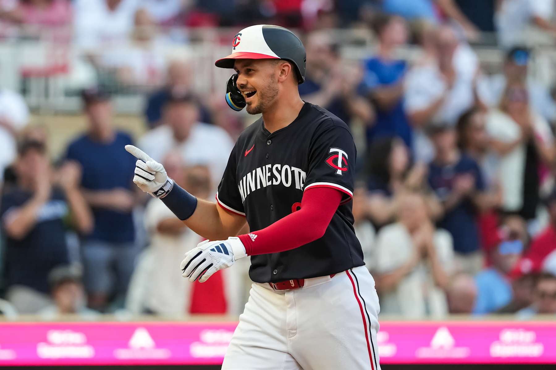 MINNEAPOLIS, MN - AUGUST 24: Trevor Larnach #9 of the Minnesota Twins celebrates after hitting a home run against the St. Louis Cardinals on August 24, 2024 at Target Field in Minneapolis, Minnesota. (Photo by Brace Hemmelgarn/Minnesota Twins/Getty Images)