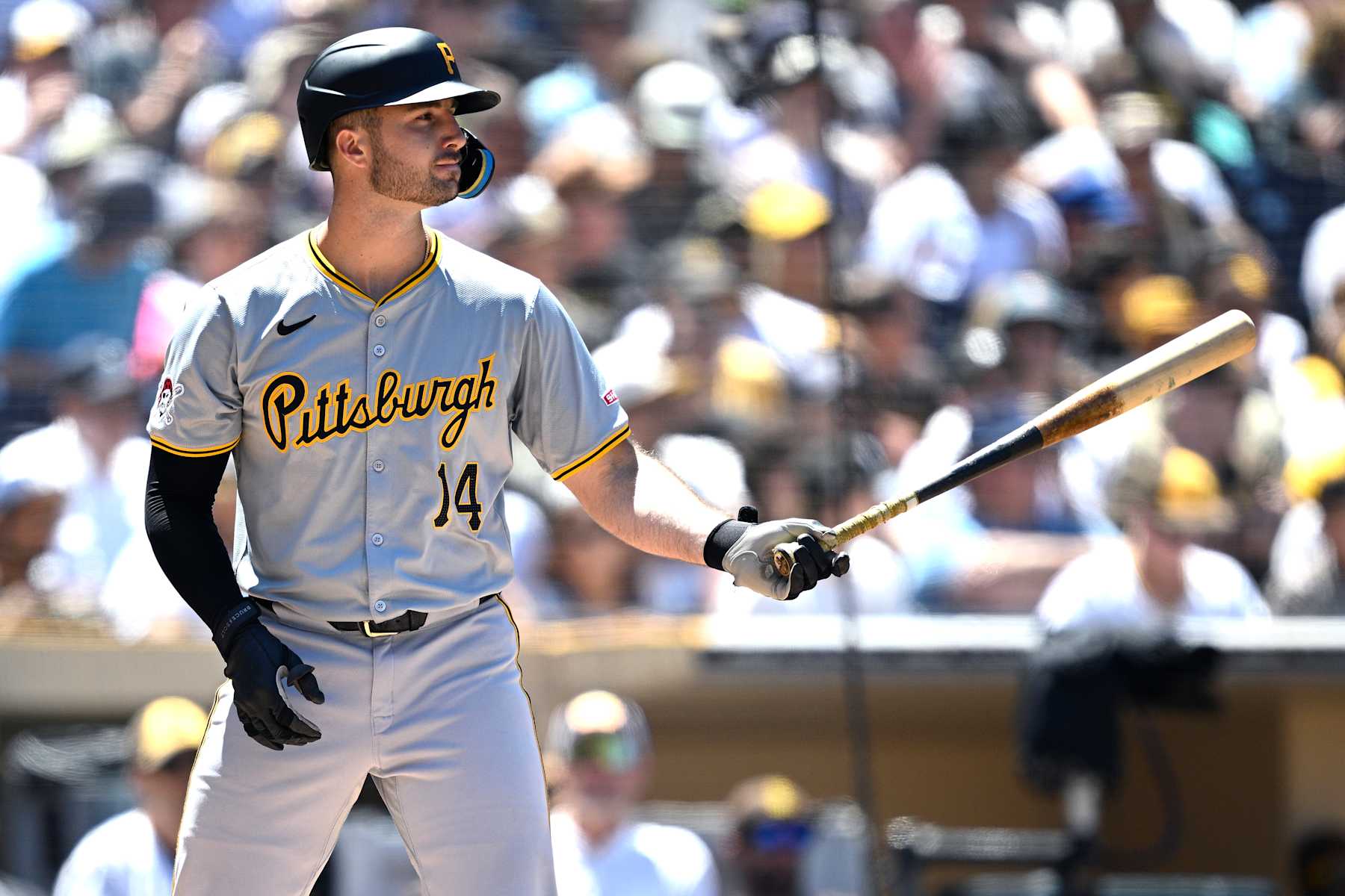 SAN DIEGO, CALIFORNIA - AUGUST 14: Joey Bart #14 of the Pittsburgh Pirates bats during the third inning against the San Diego Padres at Petco Park on August 14, 2024 in San Diego, California. (Photo by Orlando Ramirez/Getty Images)