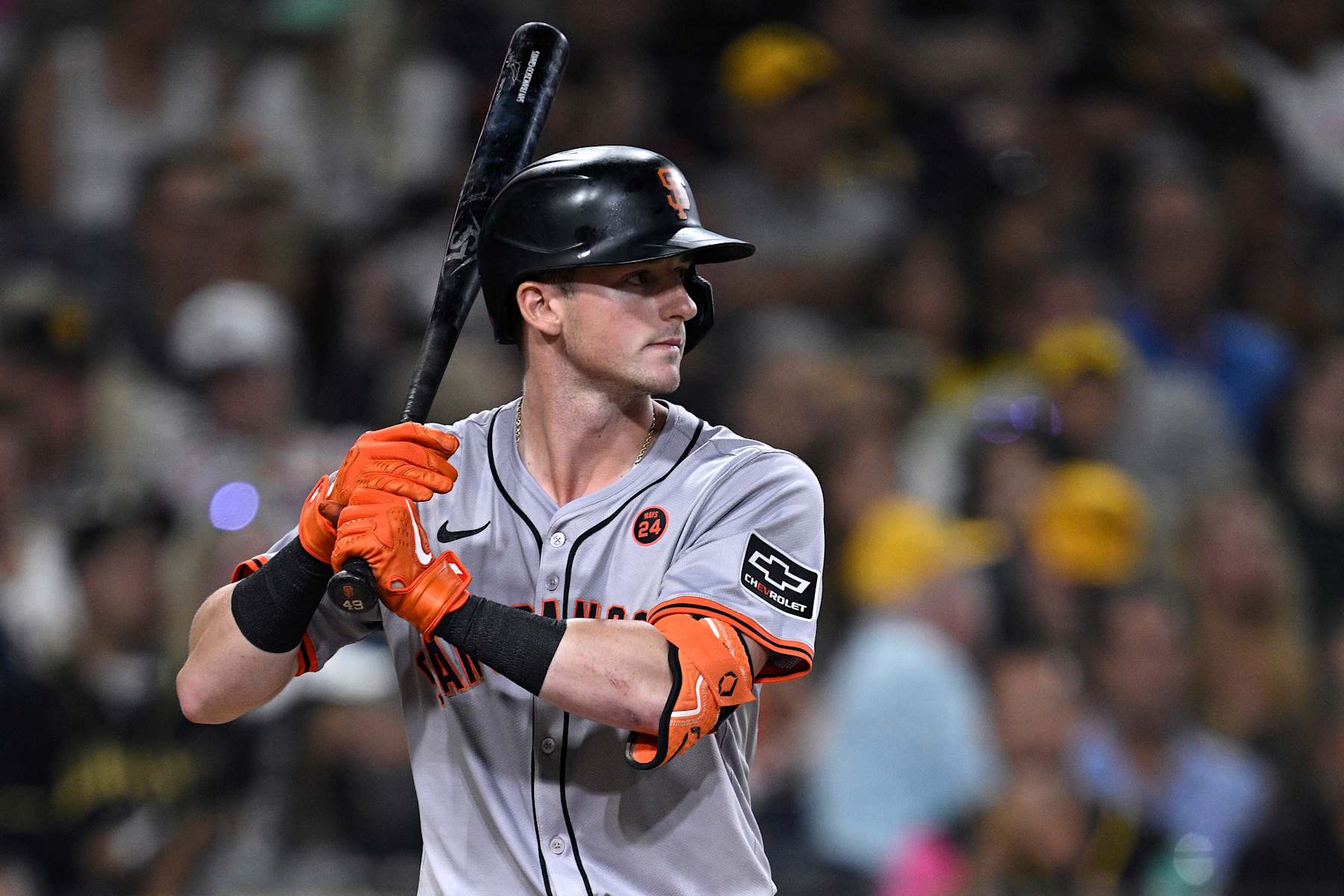 SAN DIEGO, CALIFORNIA - SEPTEMBER 06: Tyler Fitzgerald #49 of the San Francisco Giants bats during the fourth inning against the San Diego Padresat Petco Park on September 06, 2024 in San Diego, California. (Photo by Orlando Ramirez/Getty Images)