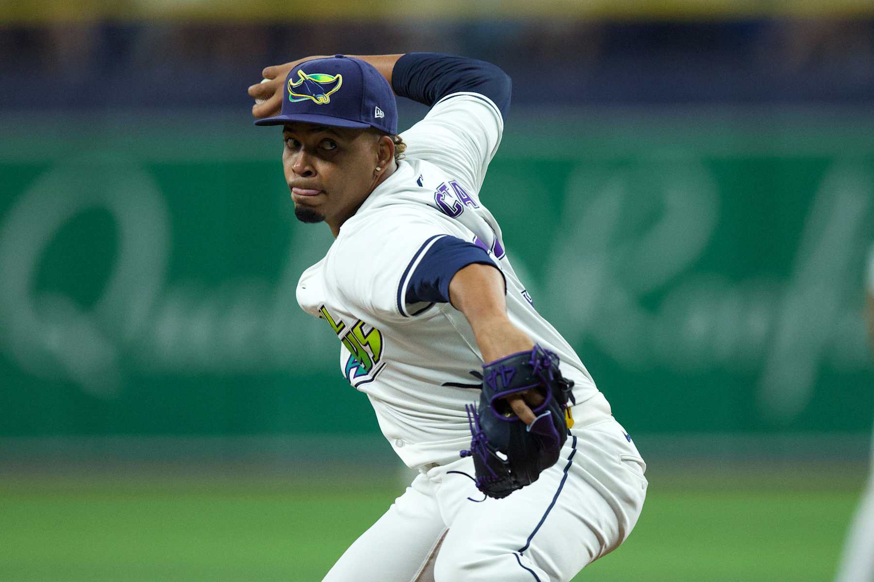 TAMPA, FL - AUGUST 09: Edwin Uceta #63 of the Tampa Bay Rays pitches during the game between the Baltimore Orioles and the Tampa Bay Rays at Tropicana Field on Friday, August 9, 2024 in Tampa, Florida. (Photo by Mike Carlson/MLB Photos via Getty Images)