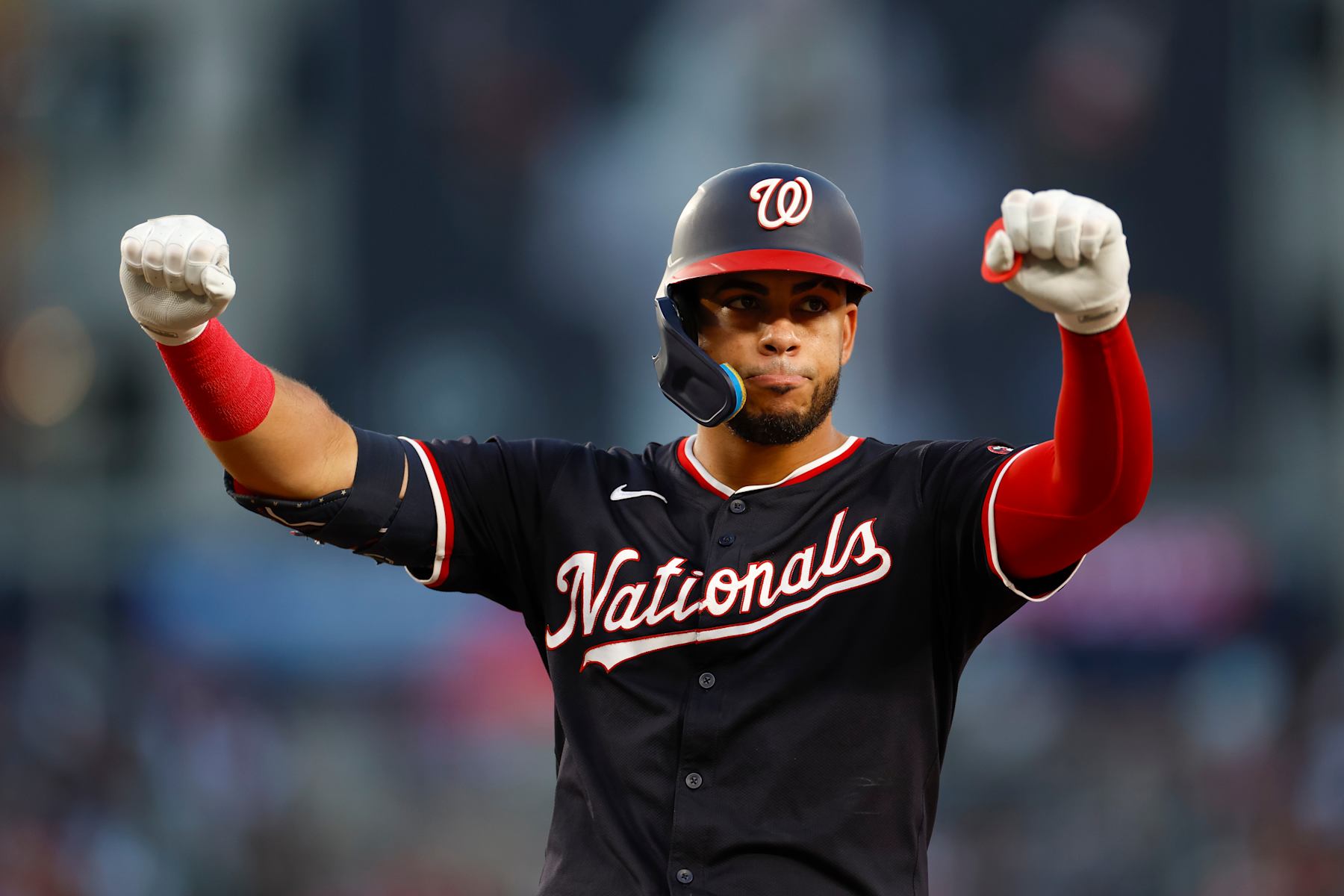WASHINGTON, DC - AUGUST 27: Luis Garcia Jr. #2 of the Washington Nationals celebrates after hitting a single in the third inning during a game against the New York Yankees at Nationals Park on August 27, 2024 in Washington, DC. (Photo by Brandon Sloter/Image Of Sport/Getty Images)