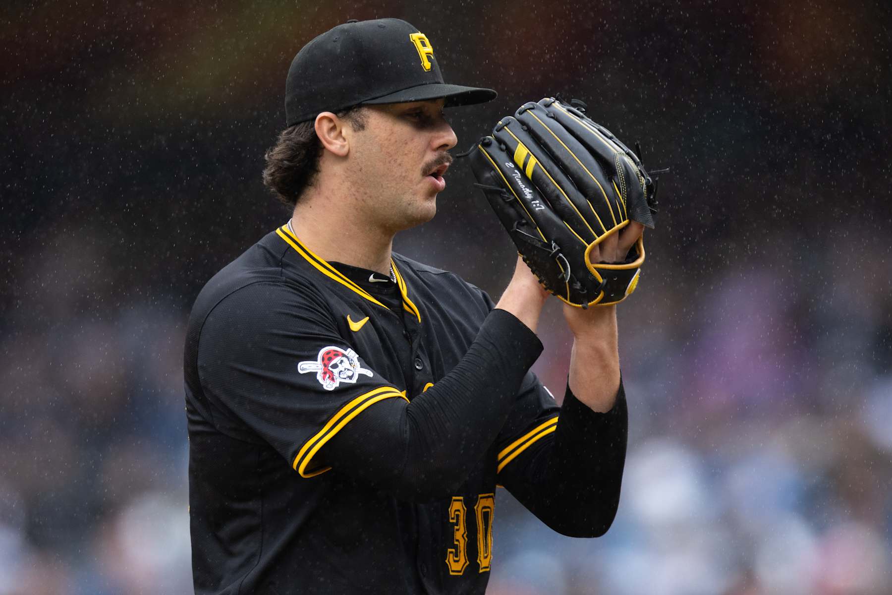NEW YORK, NEW YORK - SEPTEMBER 28: Paul Skenes #30 of the Pittsburgh Pirates looks on during the first inning of the game against the New York Yankees at Yankee Stadium on September 28, 2024 in New York City. (Photo by Dustin Satloff/Getty Images)