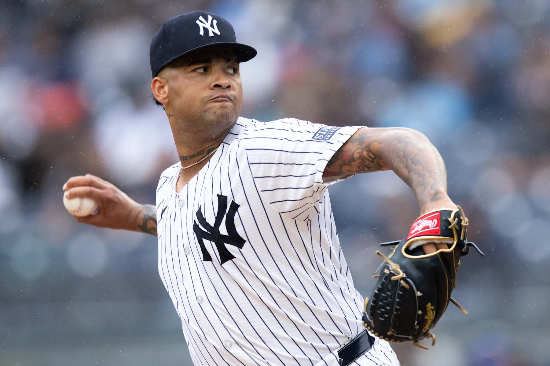 NEW YORK, NEW YORK - SEPTEMBER 28: Luis Gil #81 of the New York Yankees throws a pitch during the first inning of the game against the Pittsburgh Pirates at Yankee Stadium on September 28, 2024 in New York City. (Photo by Dustin Satloff/Getty Images)