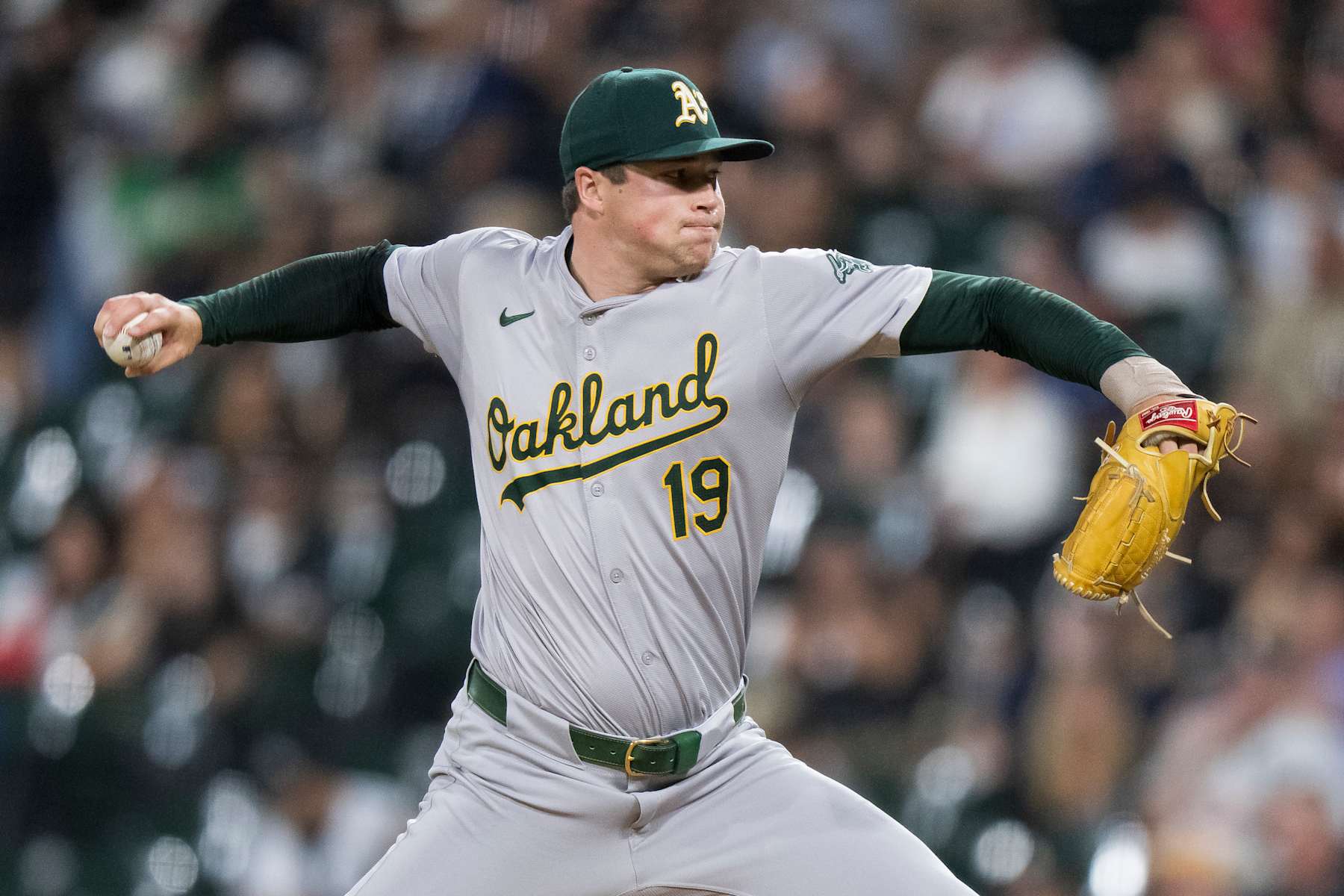 CHICAGO, ILLINOIS - SEPTEMBER 13: Mason Miller #19 of the Oakland Athletics pitches in a game against the Chicago White Sox at Guaranteed Rate Field on September 13, 2024 in Chicago, Illinois. (Photo by Matt Dirksen/Getty Images)