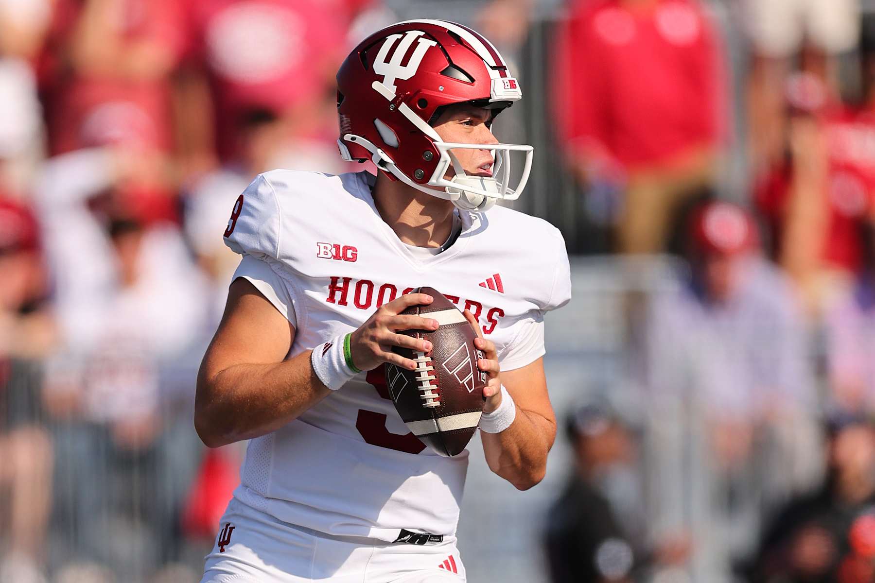 EVANSTON, ILLINOIS - OCTOBER 05: Kurtis Rourke #9 of the Indiana Hoosiers looks to pass against the Northwestern Wildcats during the first half at Martin Stadium on October 05, 2024 in Evanston, Illinois. (Photo by Michael Reaves/Getty Images)