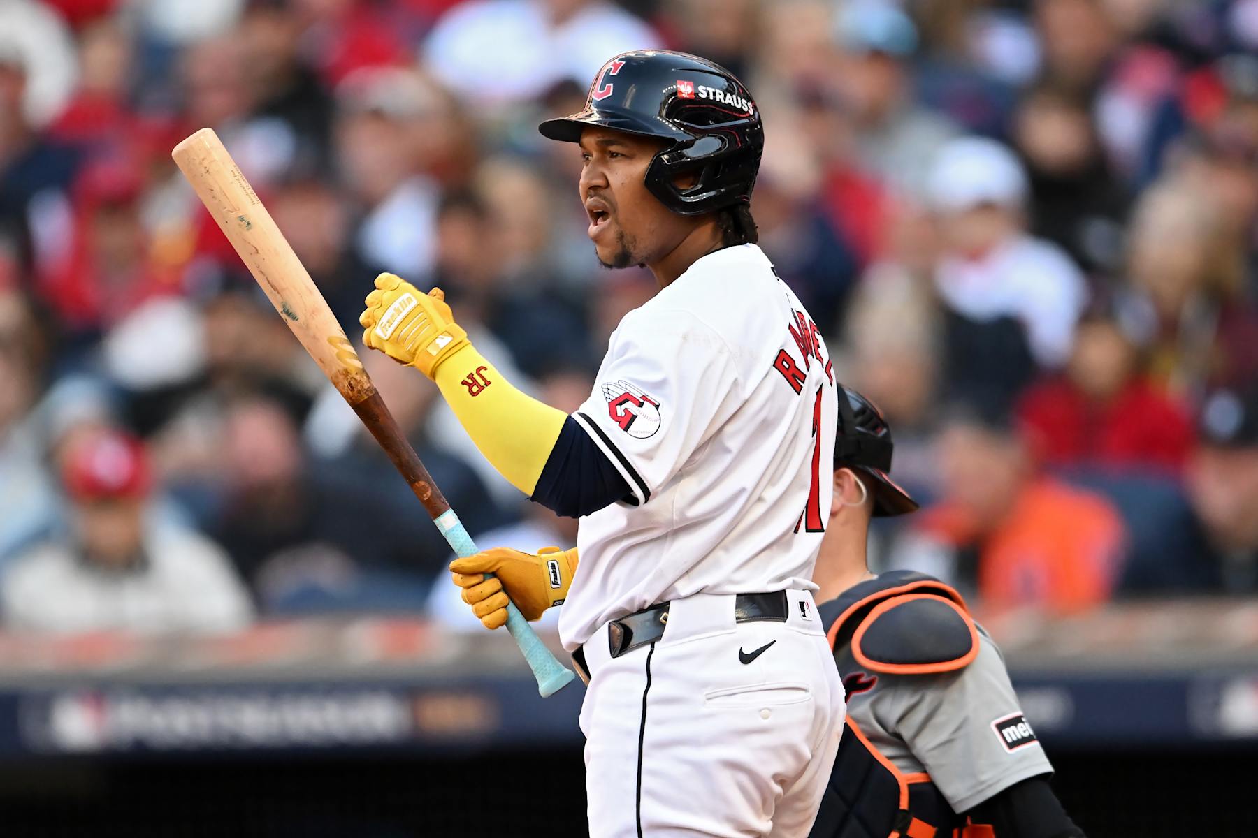 CLEVELAND, OHIO - OCTOBER 07: José Ramírez #11 of the Cleveland Guardians reacts during his at bat in the fourth inning against the Detroit Tigers during Game Two of the Division Series at Progressive Field on October 07, 2024 in Cleveland, Ohio. (Photo by Nick Cammett/Getty Images)