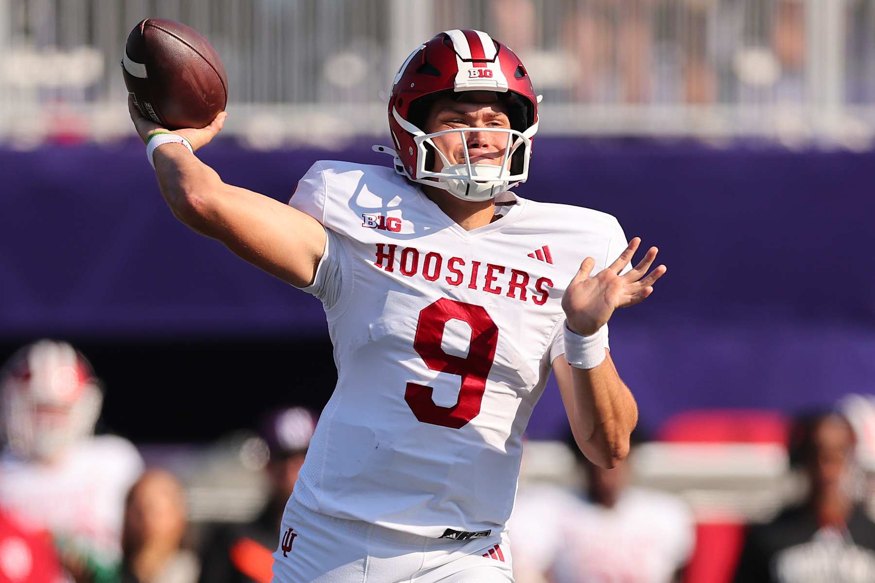 EVANSTON, ILLINOIS - OCTOBER 05: Kurtis Rourke #9 of the Indiana Hoosiers throws a pass against the Northwestern Wildcats during the first half at Martin Stadium on October 05, 2024 in Evanston, Illinois. (Photo by Michael Reaves/Getty Images)