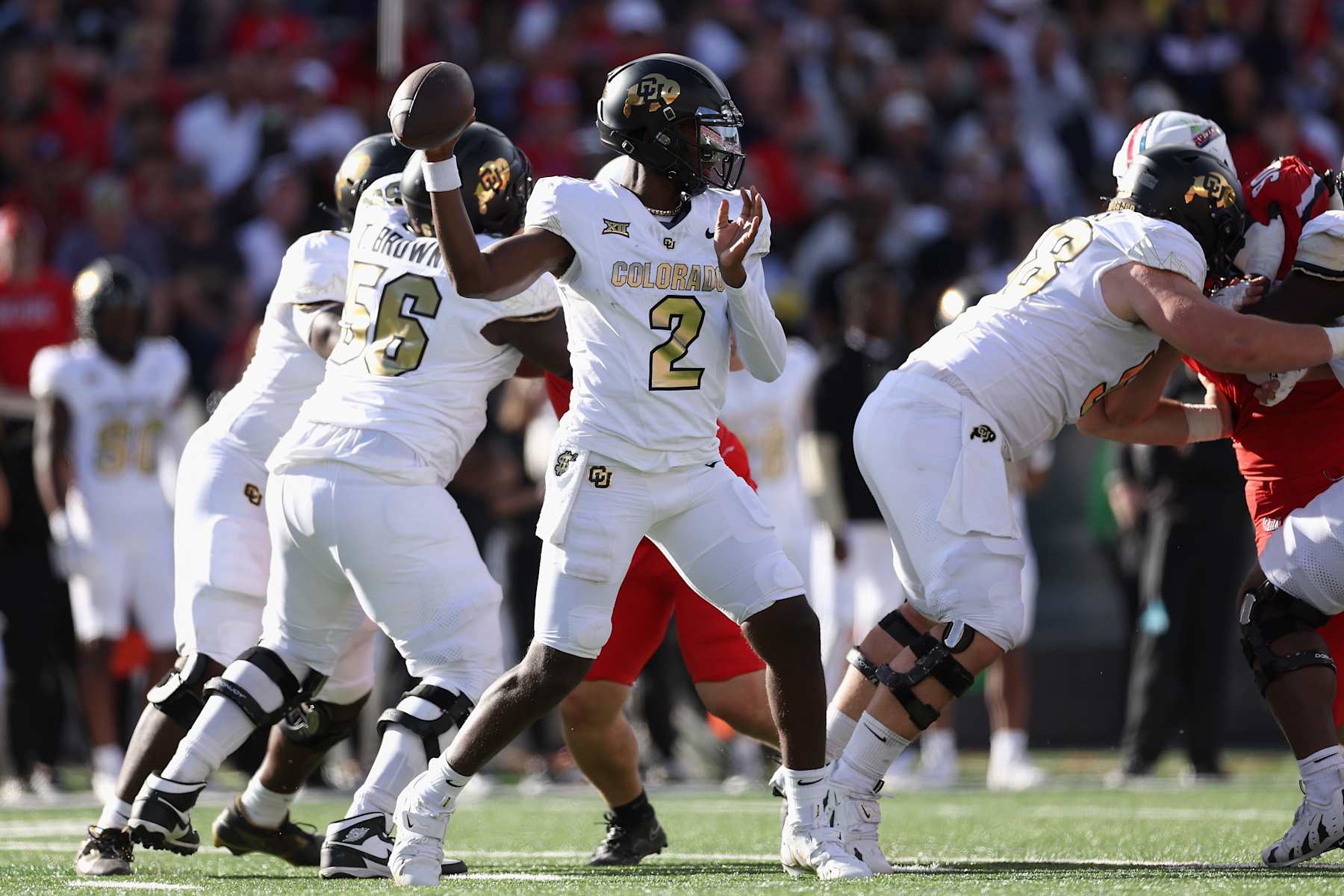 TUCSON, ARIZONA - OCTOBER 19: Quarterback Shedeur Sanders #2 of the Colorado Buffaloes throws a pass during the second half of the NCAAF game against the Arizona Wildcats at Arizona Stadium on October 19, 2024 in Tucson, Arizona. The Buffalos defeated Wildcats 34-7.  (Photo by Christian Petersen/Getty Images)