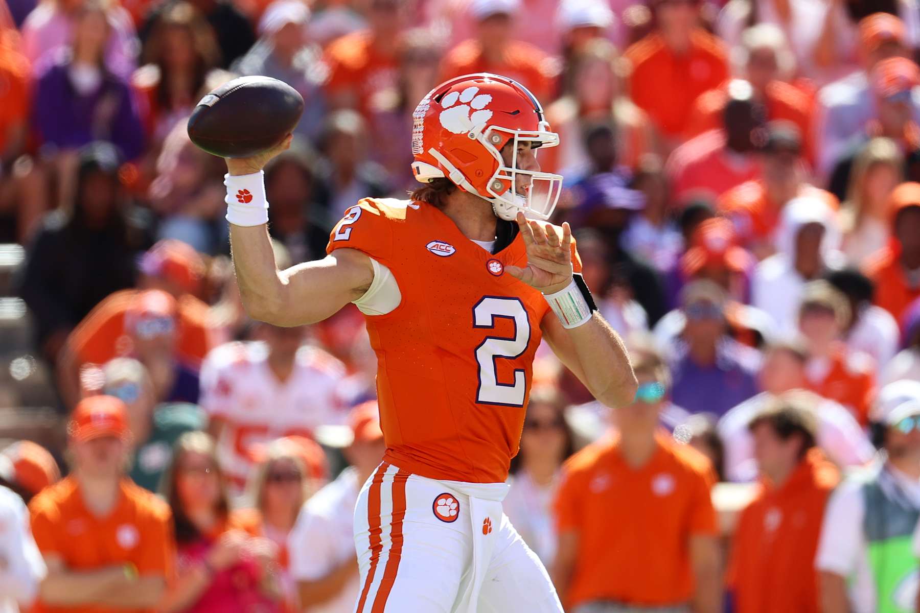 CLEMSON, SOUTH CAROLINA - OCTOBER 19: Cade Klubnik #2 of the Clemson Tigers passes the ball during the second quarter against the Virginia Cavaliers at Memorial Stadium on October 19, 2024 in Clemson, South Carolina. (Photo by Isaiah Vazquez/Getty Images)