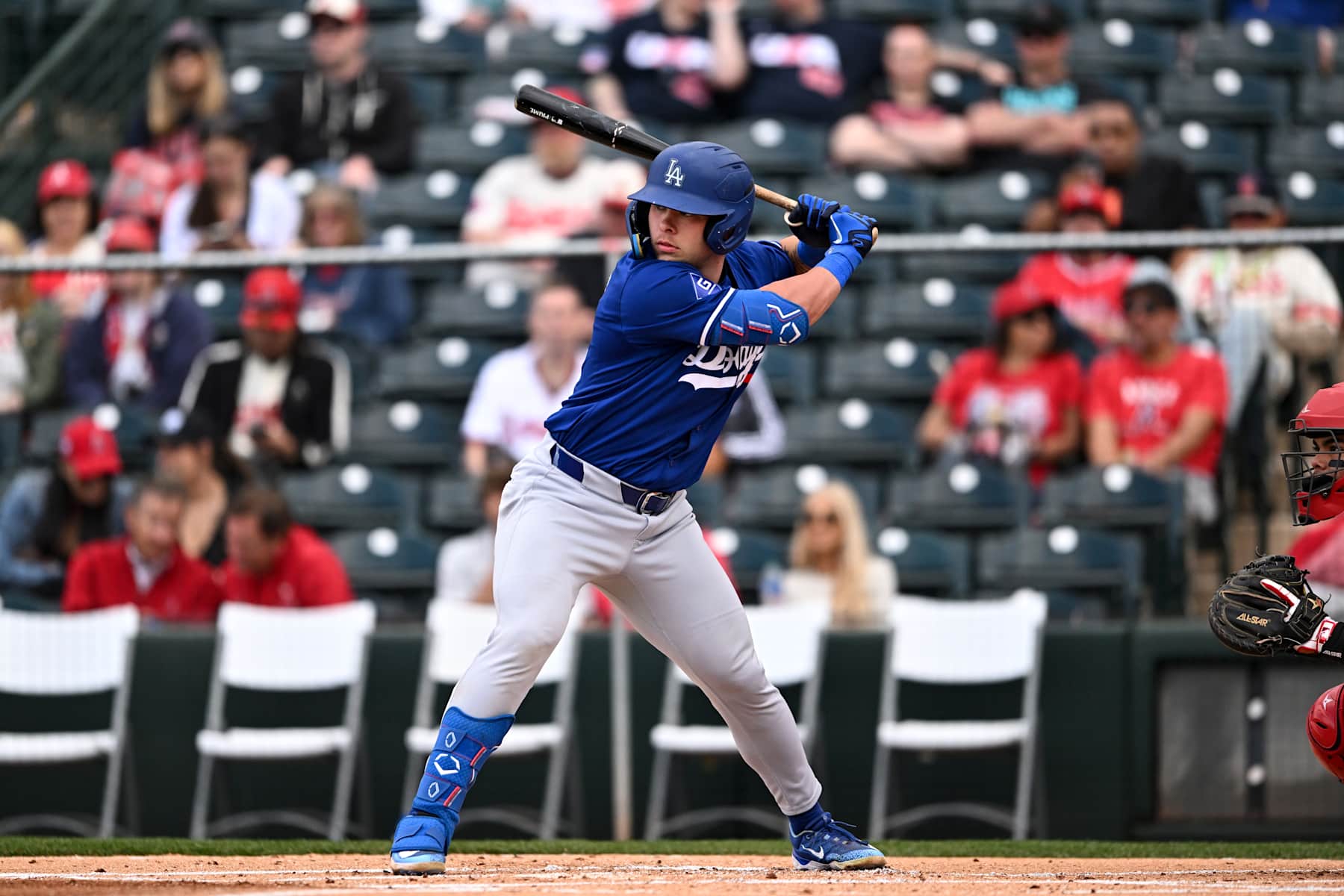 TEMPE, ARIZONA - MARCH 16, 2024: Dalton Rushing #75 of the Los Angeles Dodgers bats during the first inning of a spring training Spring Breakout game against the Los Angeles Angels at Tempe Diablo Stadium on March 16, 2024 in Tempe, Arizona. (Photo by Chris Bernacchi/Diamond Images via Getty Images)