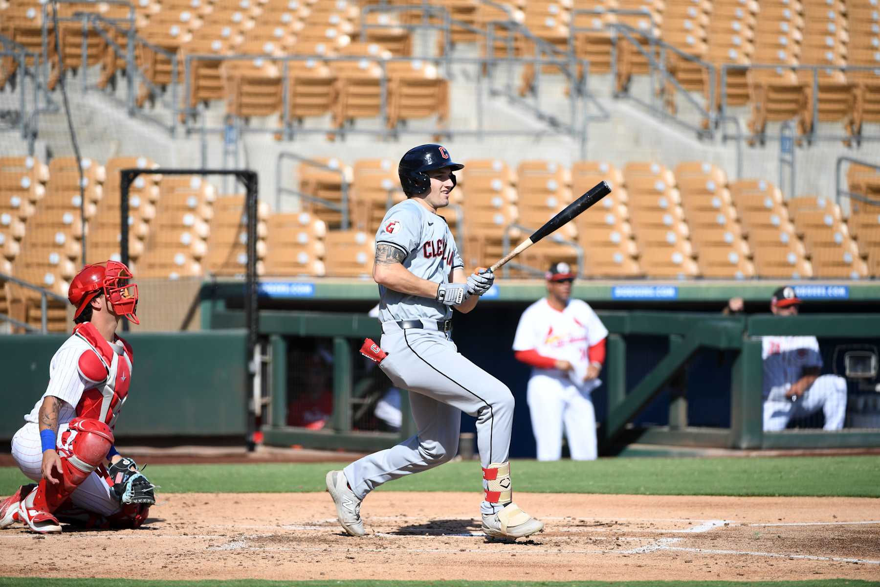 GLENDALE, AZ - OCTOBER 16: Chase DeLauter #27 of the Surprise Saguaros bats during the game between the Surprise Saguaros and the Glendale Desert Dogs at Camelback Ranch on Wednesday, October 16, 2024 in Glendale, Arizona. (Photo by Jill Weisleder/MLB Photos via Getty Images)