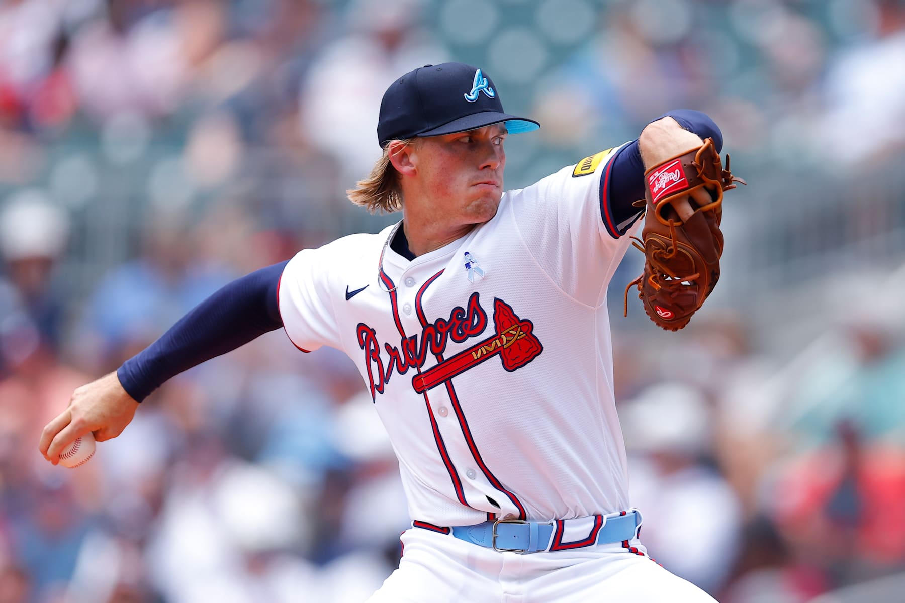 ATLANTA, GEORGIA - JUNE 16: Hurston Waldrep #30 of the Atlanta Braves pitches during the first inning against the Tampa Bay Rays at Truist Park on June 16, 2024 in Atlanta, Georgia. (Photo by Todd Kirkland/Getty Images)