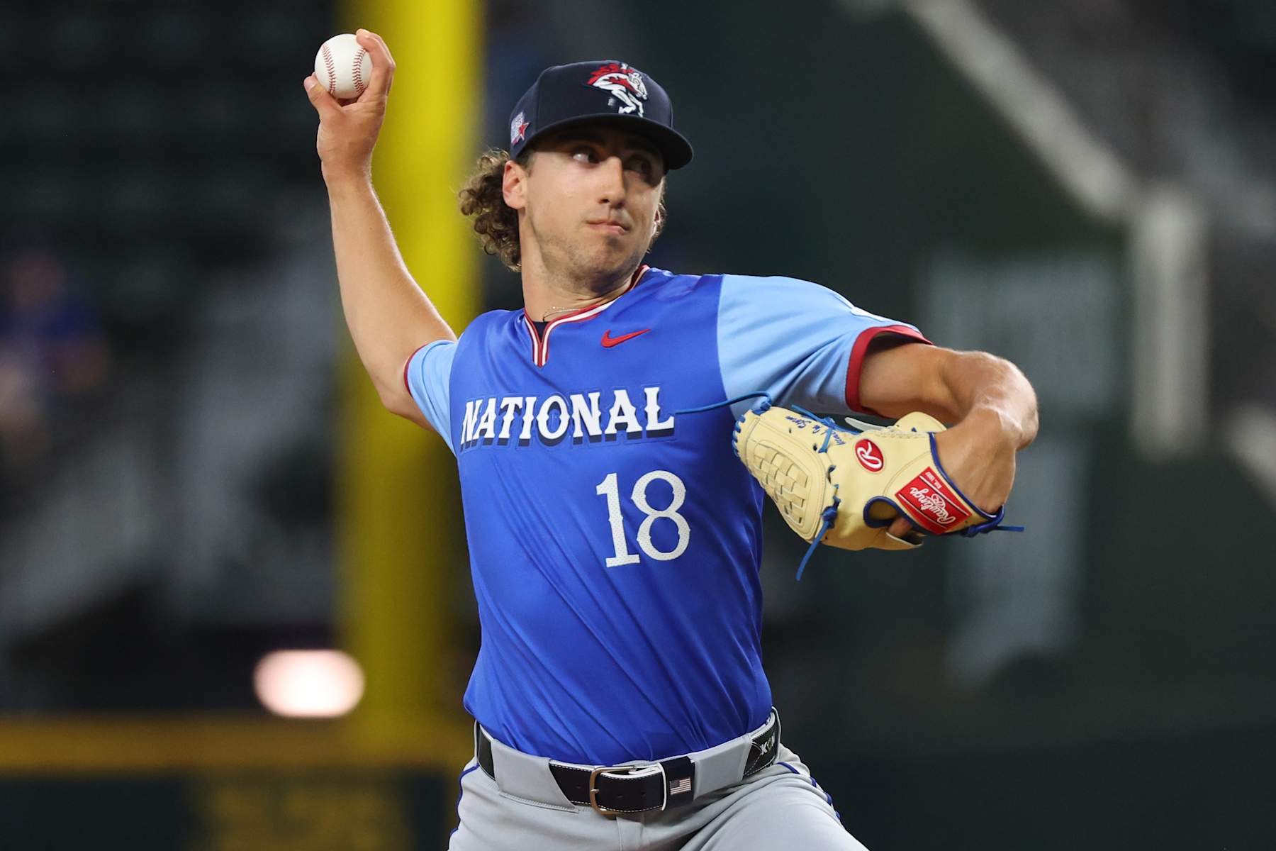 ARLINGTON, TEXAS - JULY 13: Brandon Sproat #18 of the New York Mets pitches \d3i of the All-Star Futures Game at Globe Life Field on July 13, 2024 in Arlington, Texas.  (Photo by Richard Rodriguez/Getty Images)