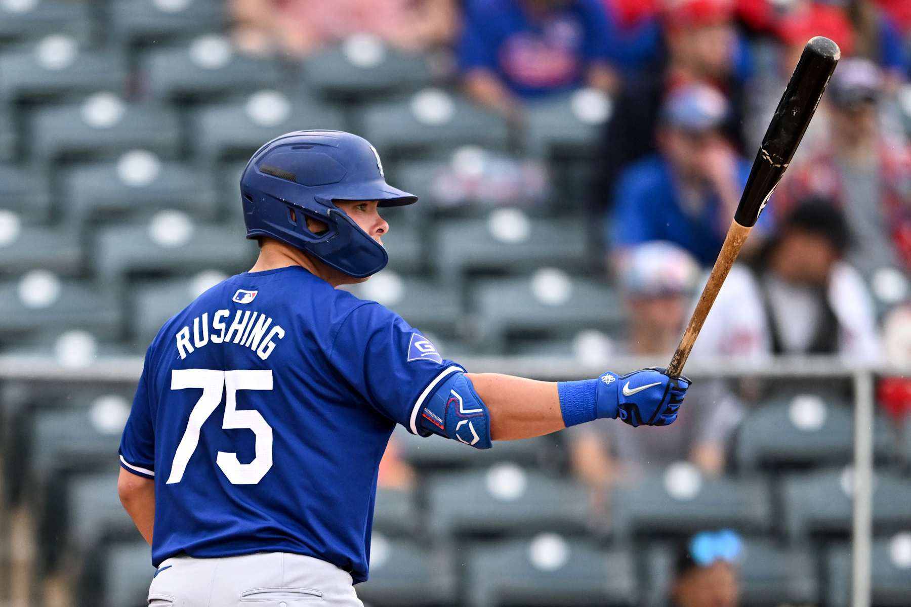 TEMPE, ARIZONA - MARCH 16, 2024: Dalton Rushing #75 of the Los Angeles Dodgers bats during the third inning of a spring training Spring Breakout game against the Los Angeles Angels at Tempe Diablo Stadium on March 16, 2024 in Tempe, Arizona. (Photo by Chris Bernacchi/Diamond Images via Getty Images)