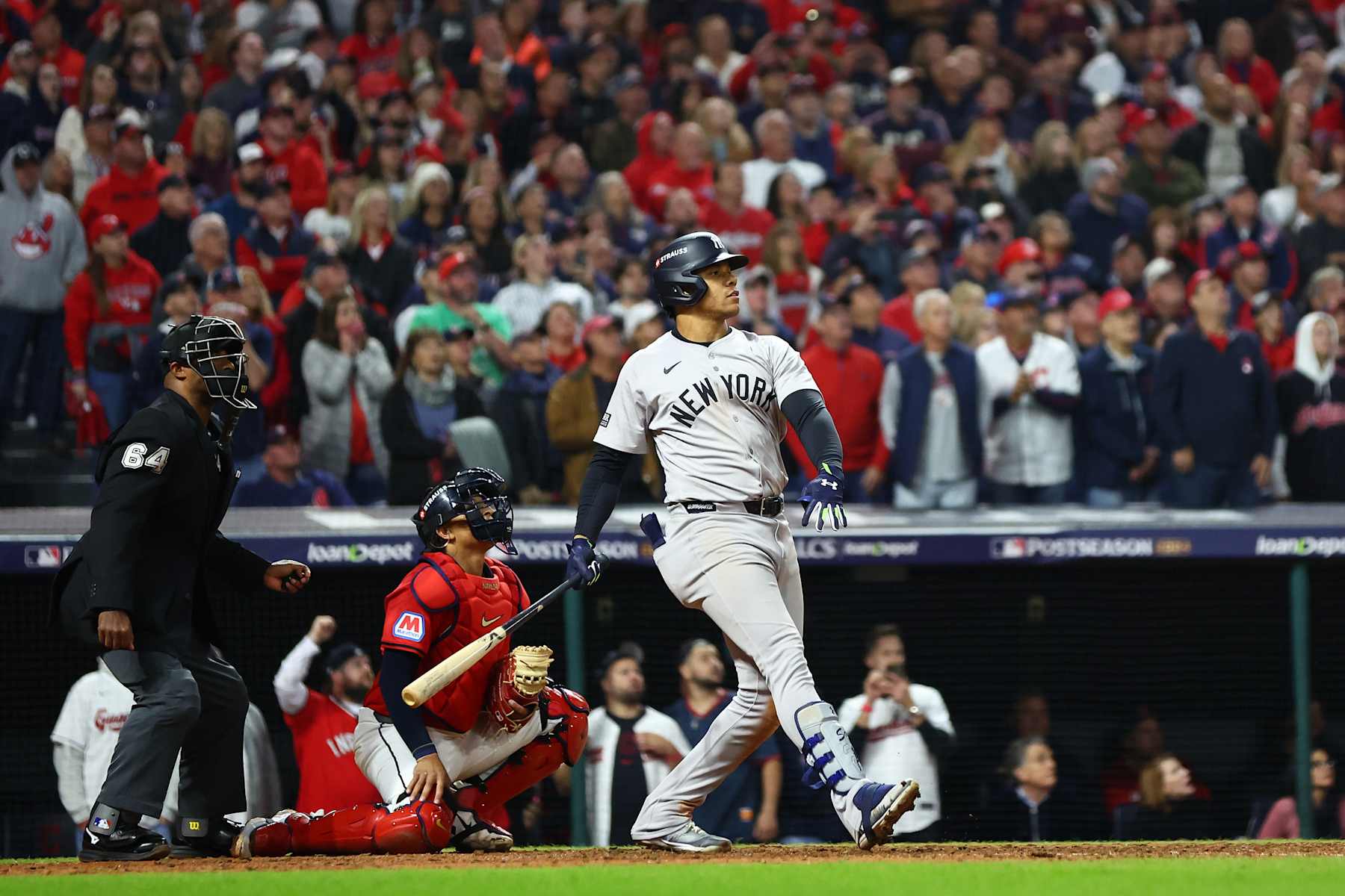 CLEVELAND, OHIO - OCTOBER 19: Juan Soto #22 of the New York Yankees hits a home run in the 10th inning against the Cleveland Guardians during Game Five of the American League Championship Series at Progressive Field on October 19, 2024 in Cleveland, Ohio. (Photo by Maddie Meyer/Getty Images)