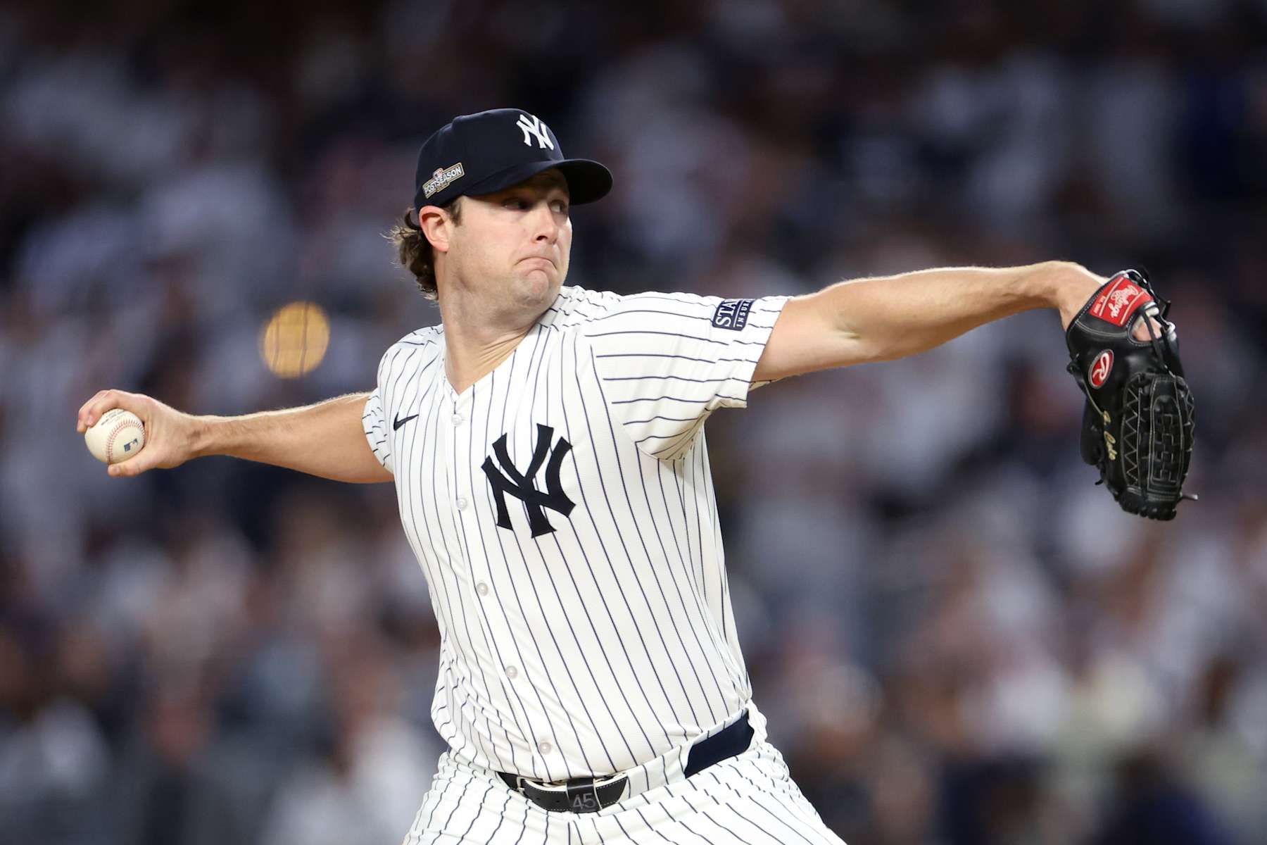 NEW YORK, NEW YORK - OCTOBER 05:  Gerrit Cole #45 of the New York Yankees delivers the pitch against the Kansas City Royals during the first inning in Game One of the Division Series at Yankee Stadium on October 05, 2024 in New York City.  (Photo by Luke Hales/Getty Images)