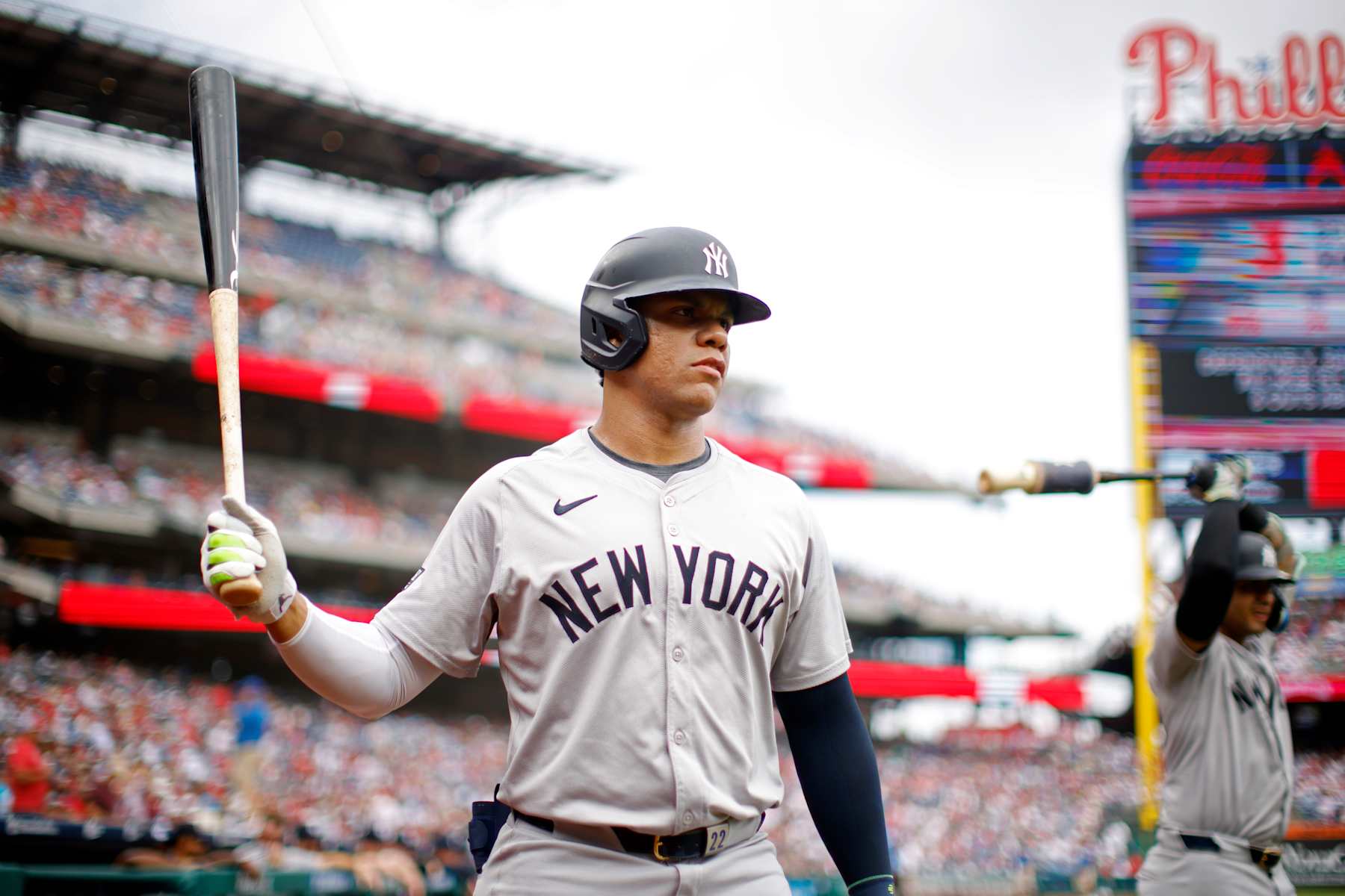 PHILADELPHIA, PA - JULY 31:  Juan Soto #22 of the New York Yankees looks on from the on-deck circle during the game between the New York Yankees and the Philadelphia Phillies at Citizens Bank Park on Wednesday, July 31, 2024 in Philadelphia, Pennsylvania. (Photo by Rob Tringali/MLB Photos via Getty Images)